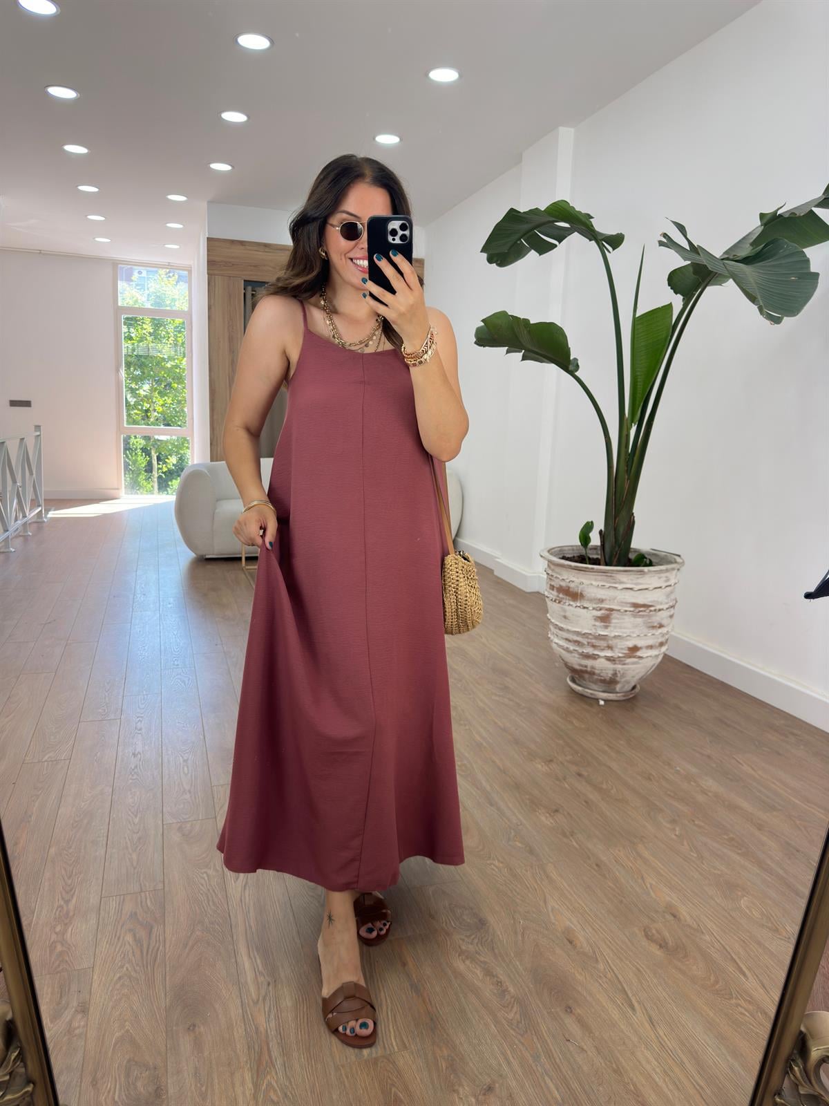 Askıları Ayarlanabilir Salaş Elbise-Bordo