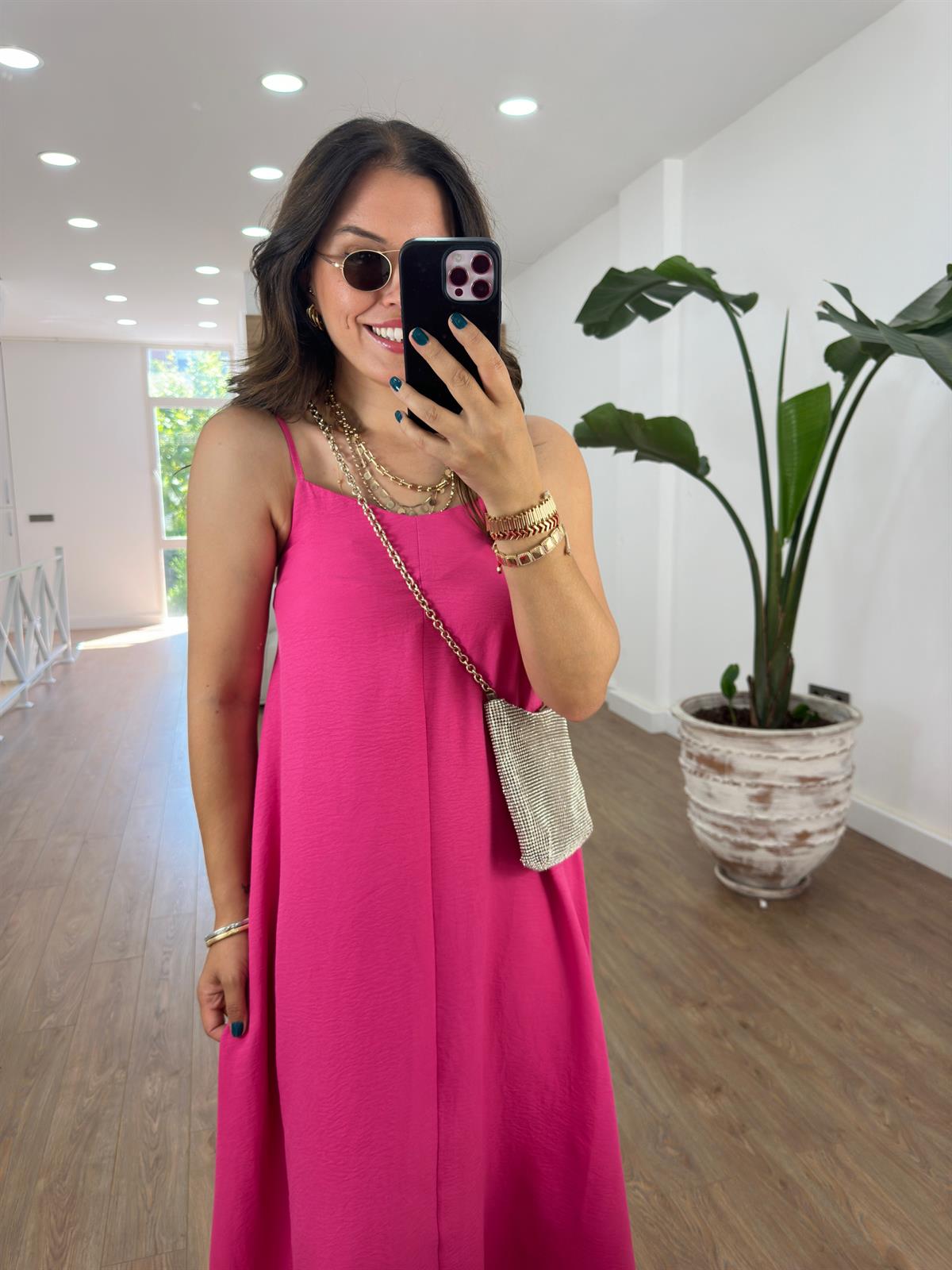 Askıları Ayarlanabilir Salaş Elbise-Fuşya