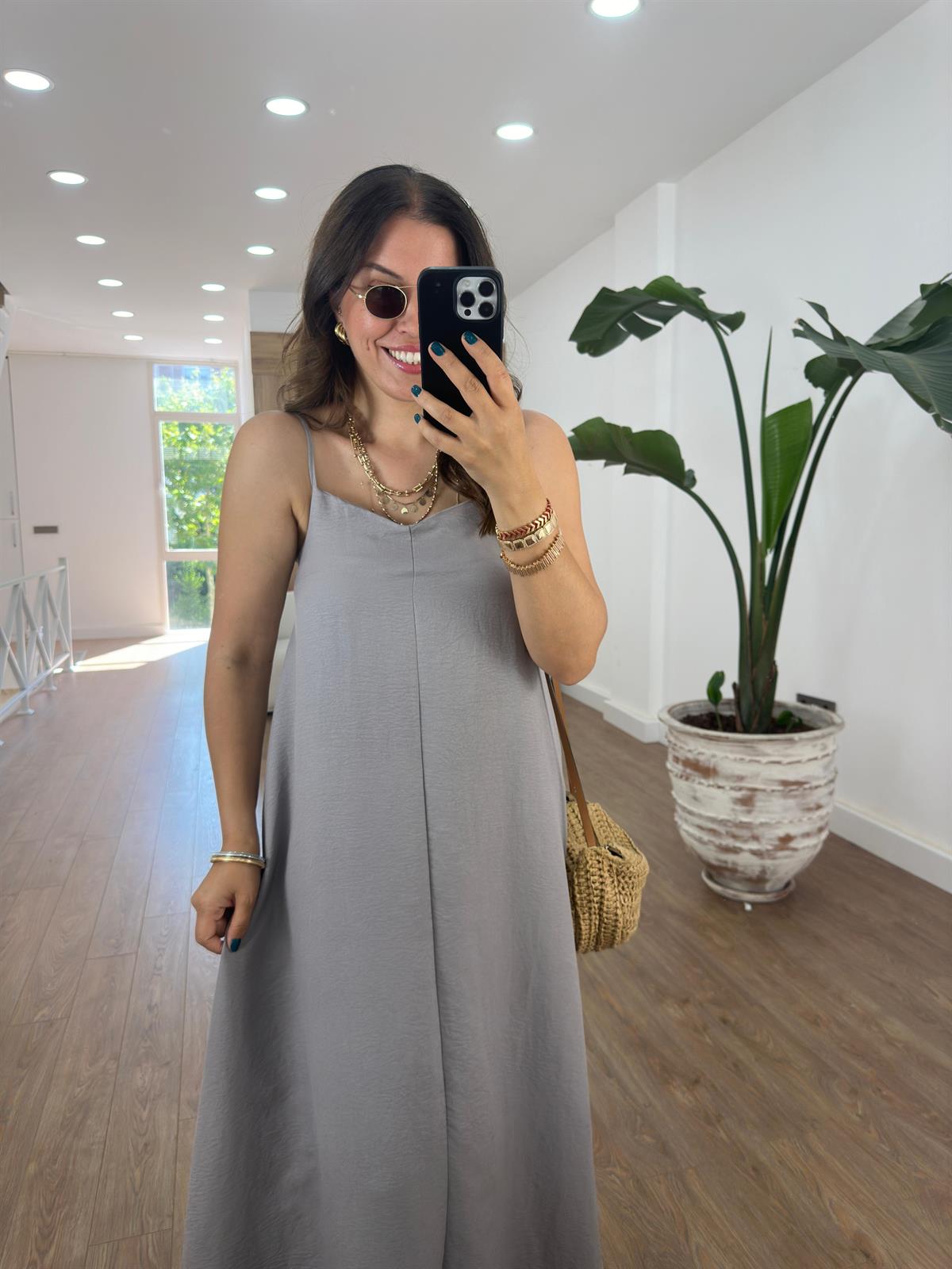 Askıları Ayarlanabilir Salaş Elbise-Gri