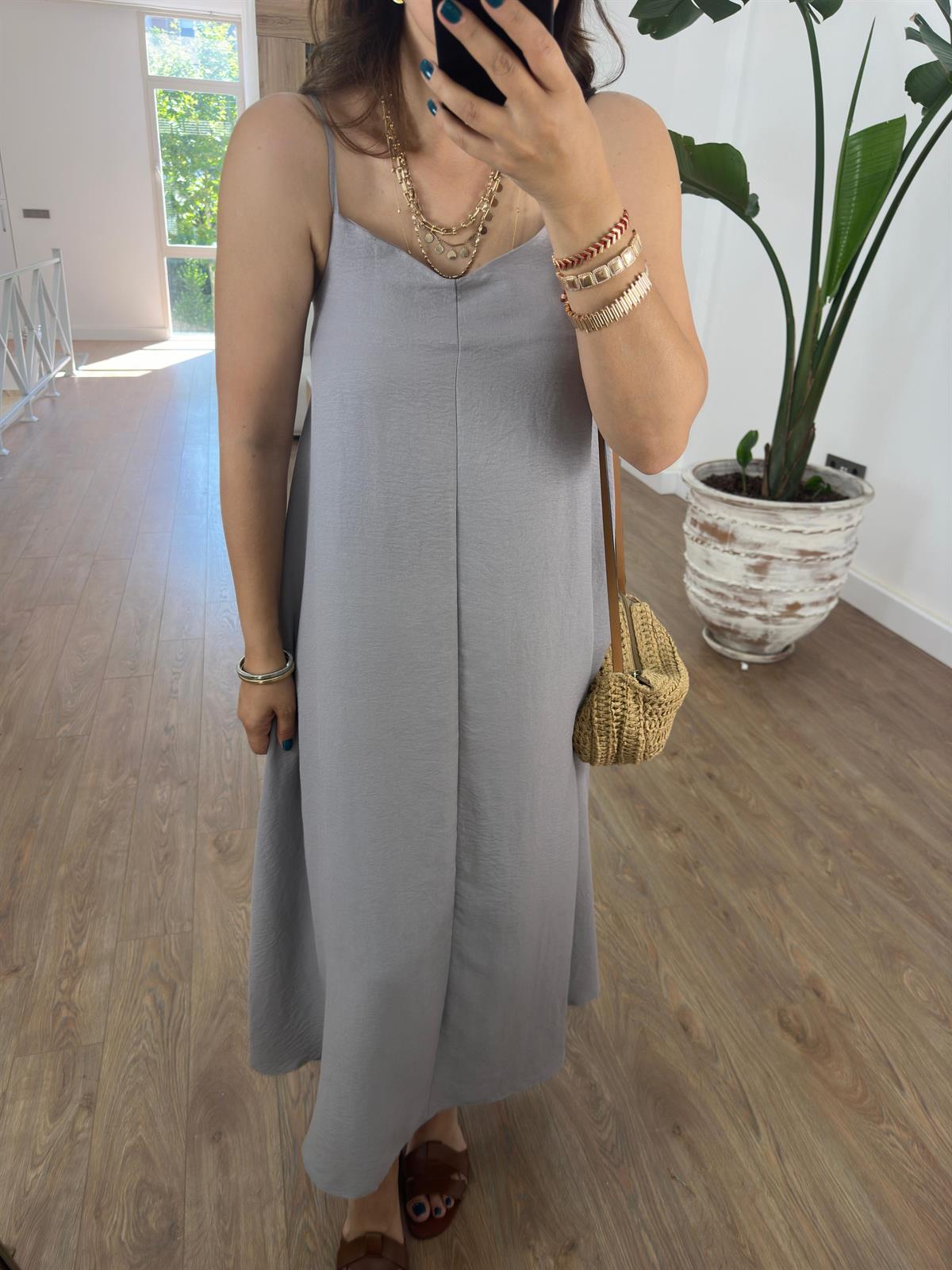 Askıları Ayarlanabilir Salaş Elbise-Gri