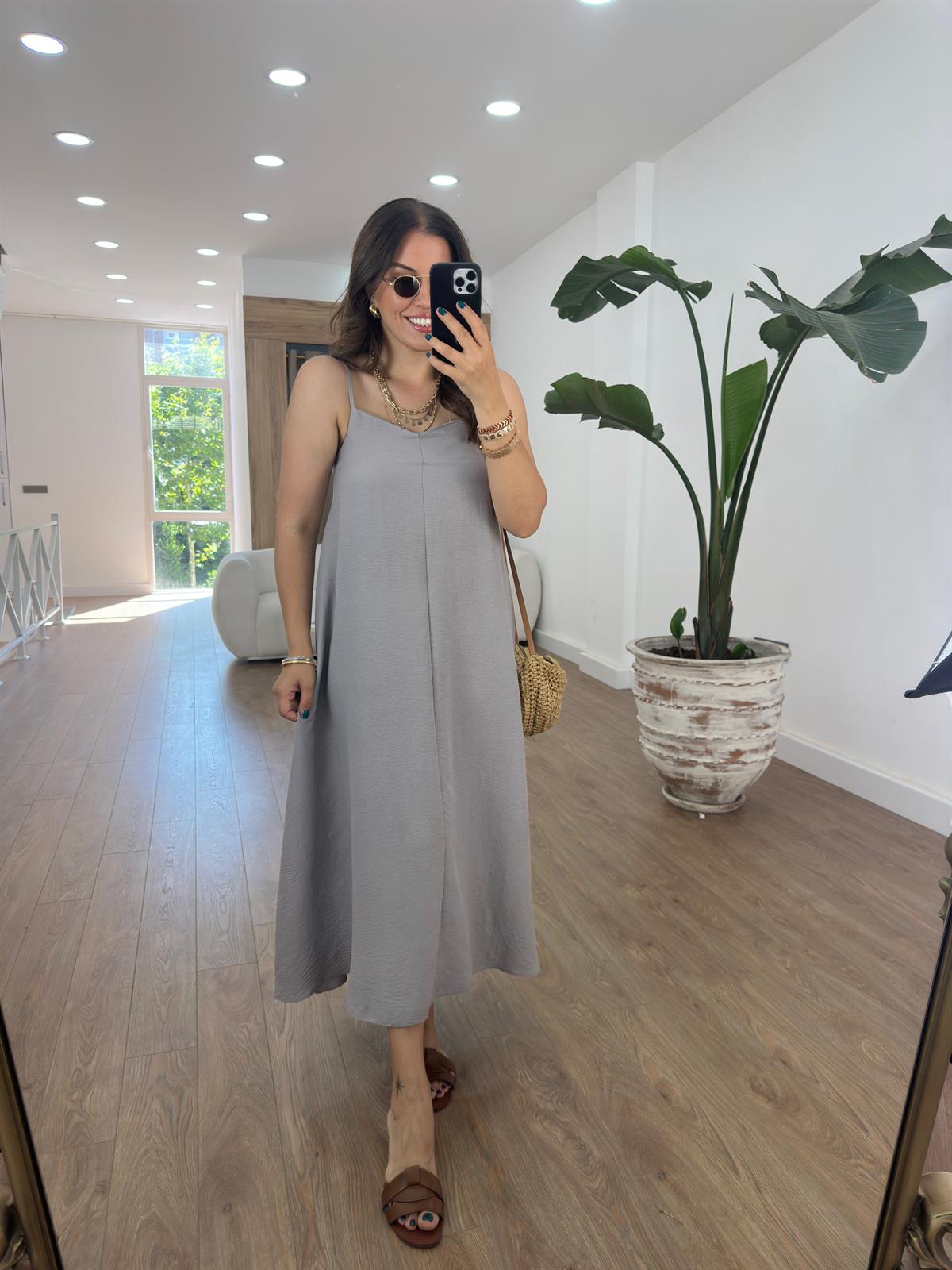 Askıları Ayarlanabilir Salaş Elbise-Gri