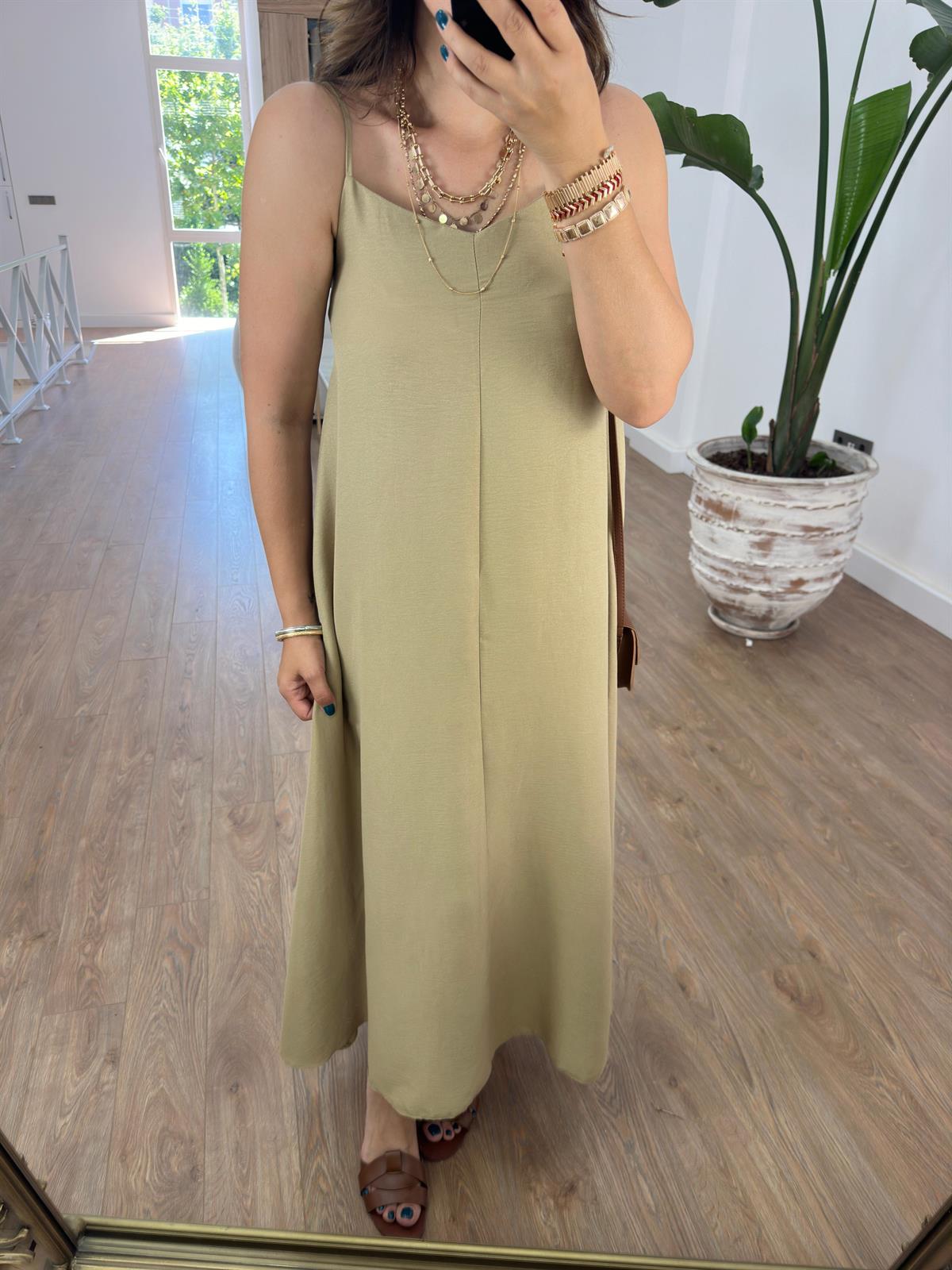 Askıları Ayarlanabilir Salaş Elbise-Haki