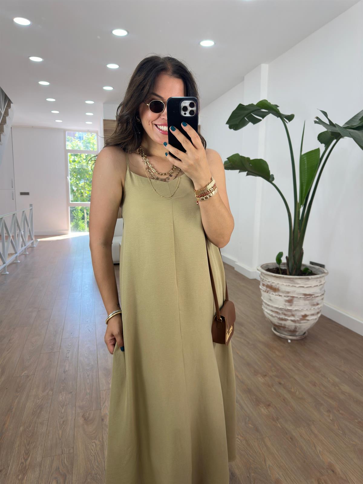 Askıları Ayarlanabilir Salaş Elbise-Haki