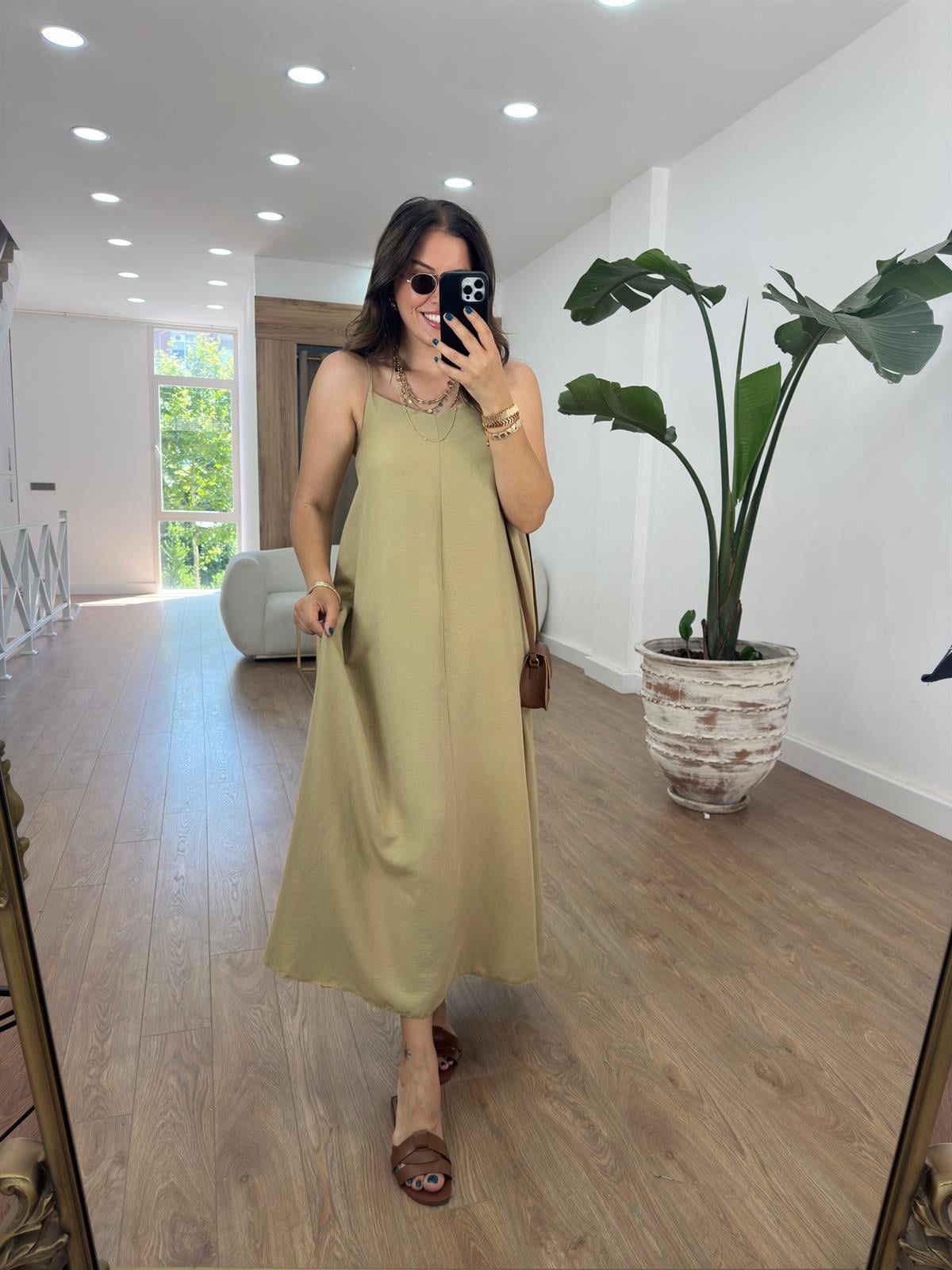 Askıları Ayarlanabilir Salaş Elbise-Haki