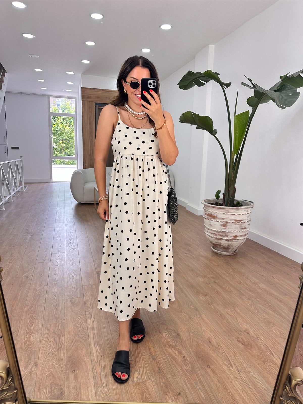 Askıları Ayarlanabilir Saten Elbise-Ekru