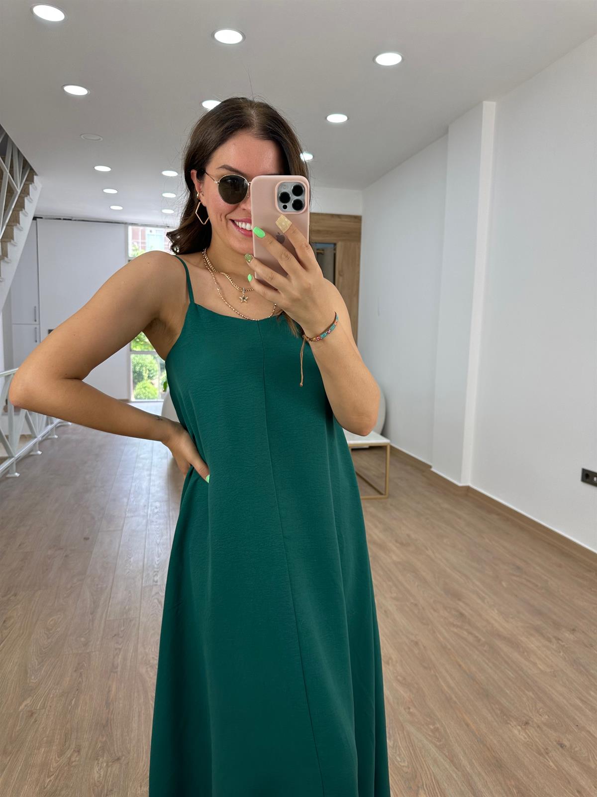 Askıları Ayarlanabilir Tnsel Viskon Elbise-Zümrüt Yeşili