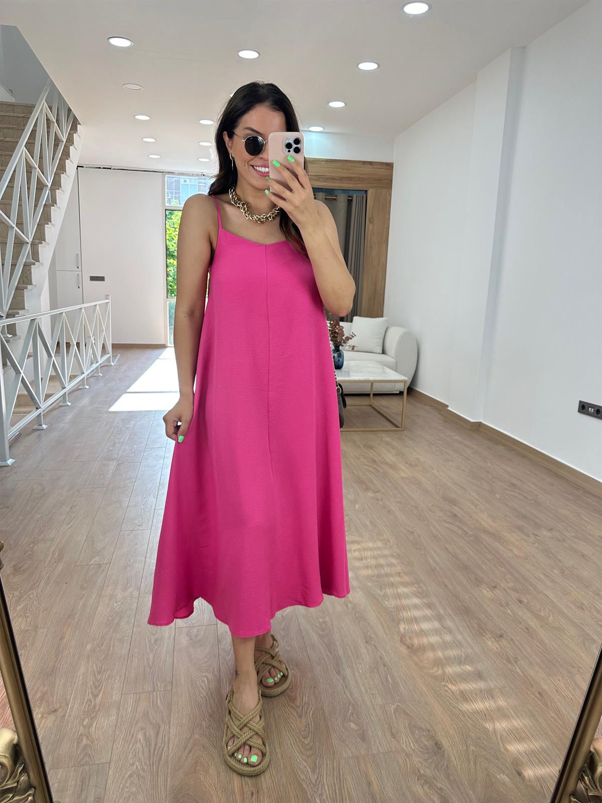 Askıları Ayarlanabilir Tnsel Viskon Elbise-Fuşya