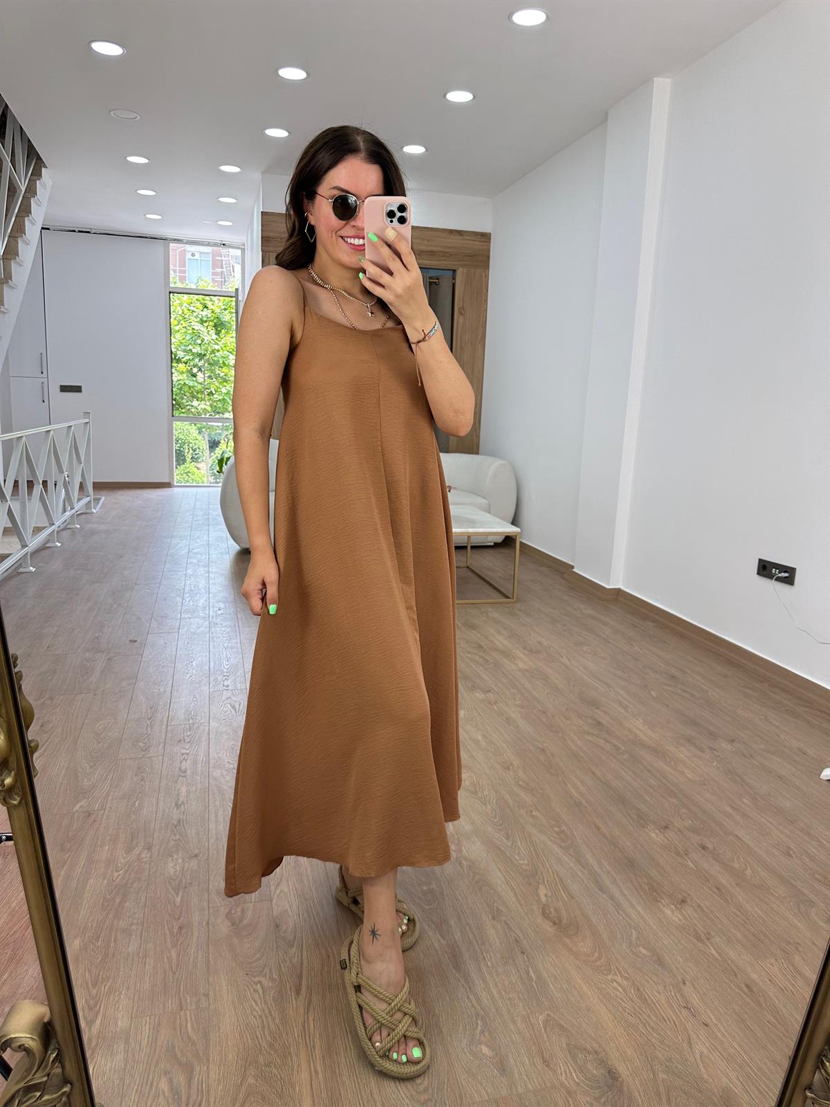 Askıları Ayarlanabilir Tnsel Viskon Elbise-Kahve