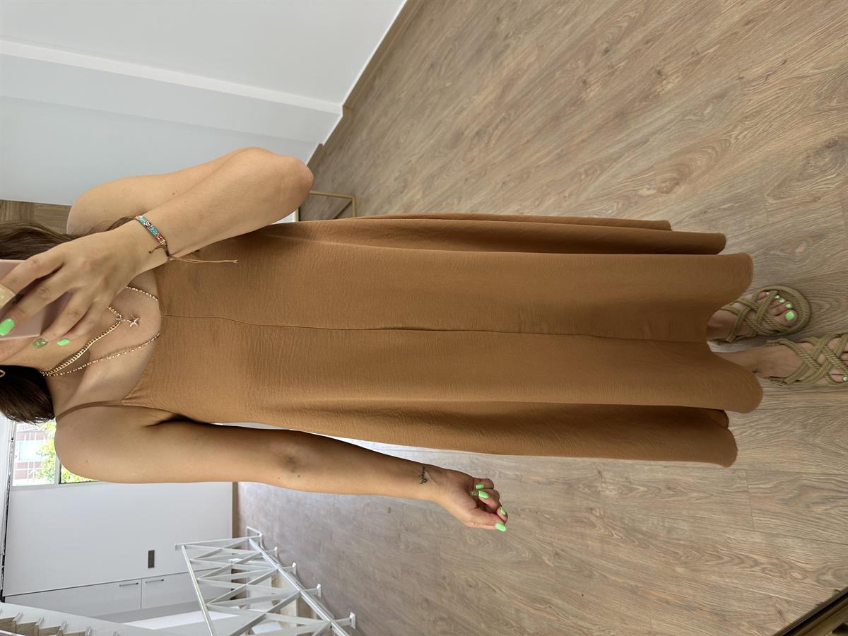 Askıları Ayarlanabilir Tnsel Viskon Elbise-Kahve