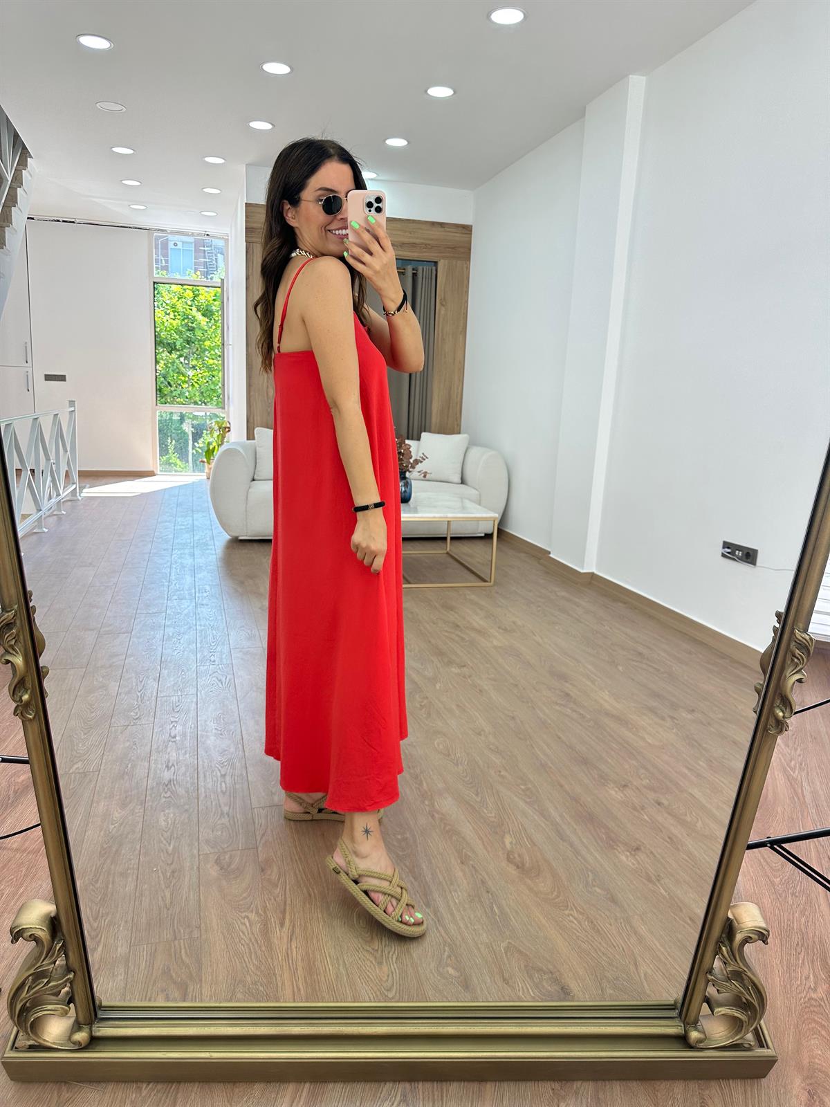 Askıları Ayarlanabilir Tnsel Viskon Elbise-Nar Çiçeği