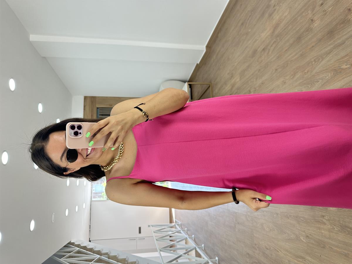 Askıları Ayarlanabilir Tnsel Viskon Elbise-Fuşya