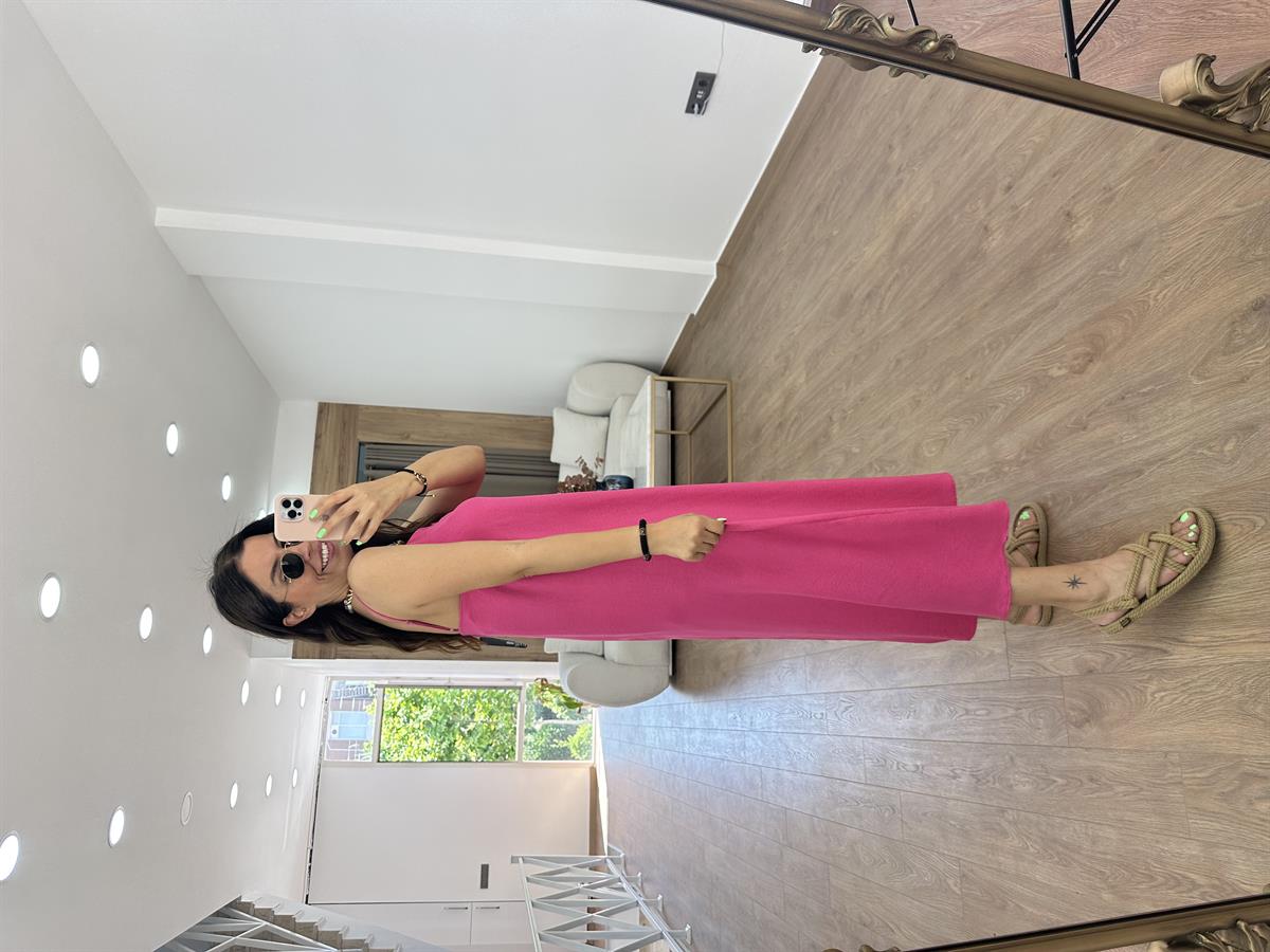 Askıları Ayarlanabilir Tnsel Viskon Elbise-Fuşya