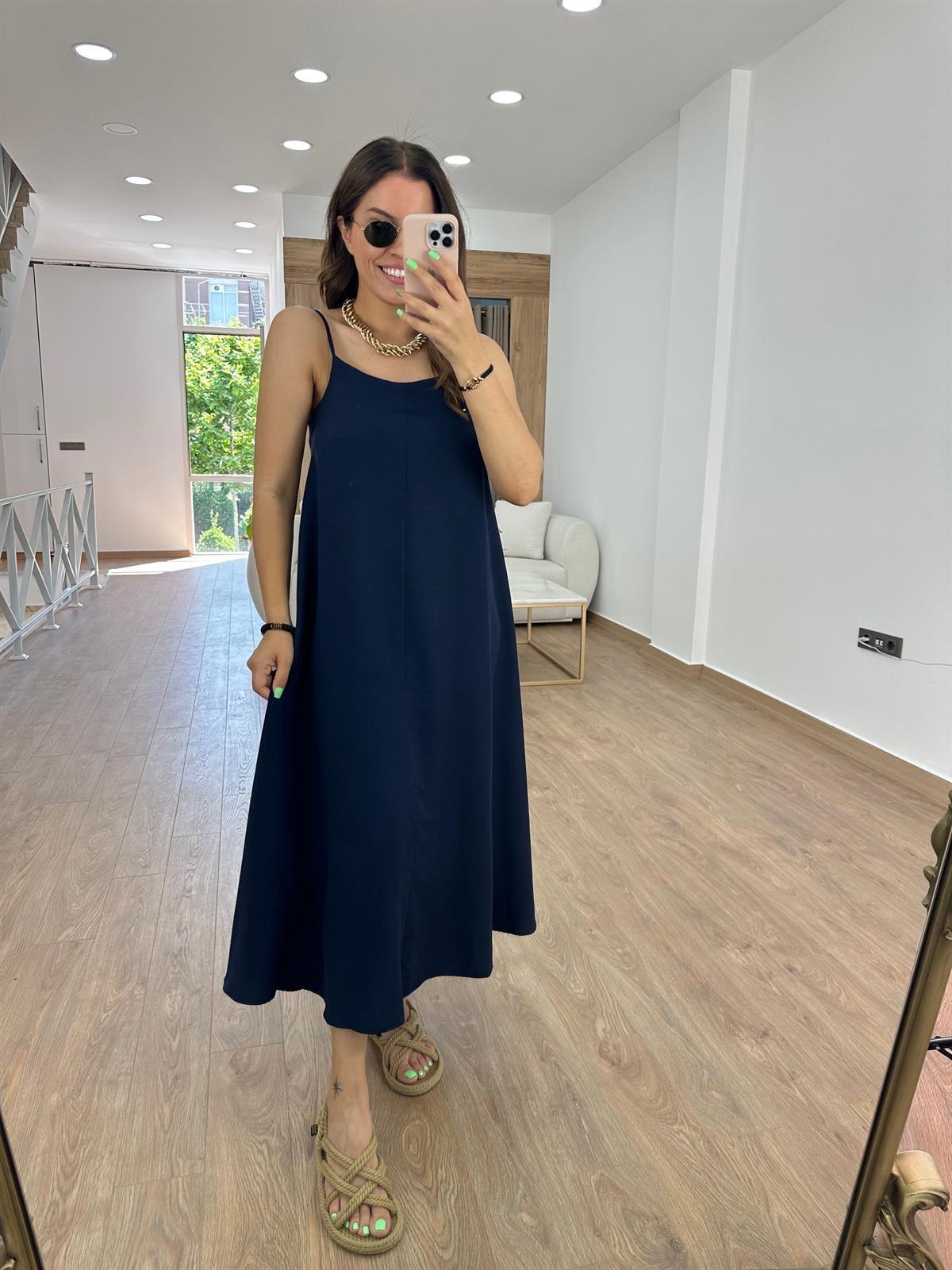 Askıları Ayarlanabilir Tnsel Viskon Elbise-Lacivert