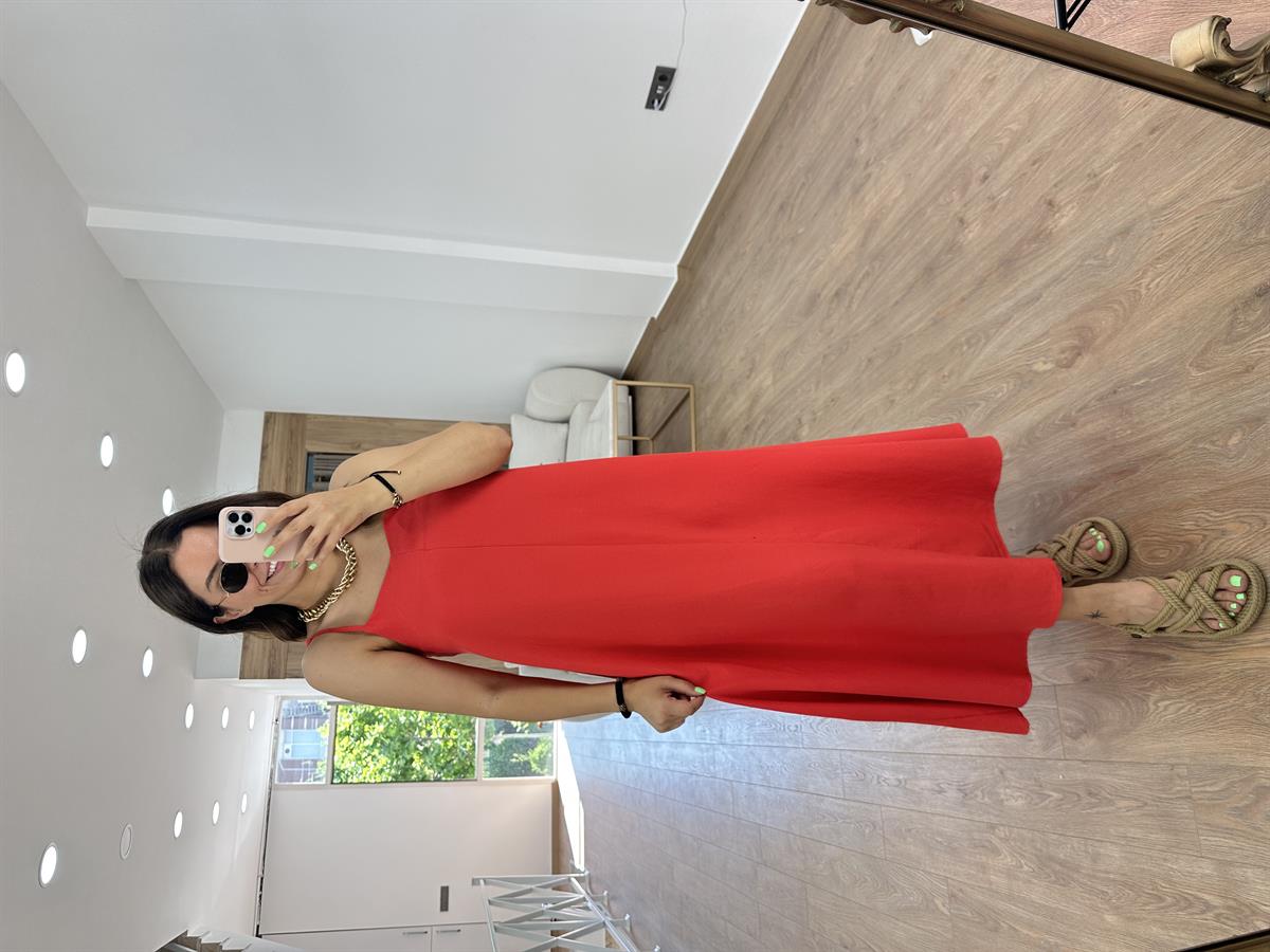 Askıları Ayarlanabilir Tnsel Viskon Elbise-Nar Çiçeği