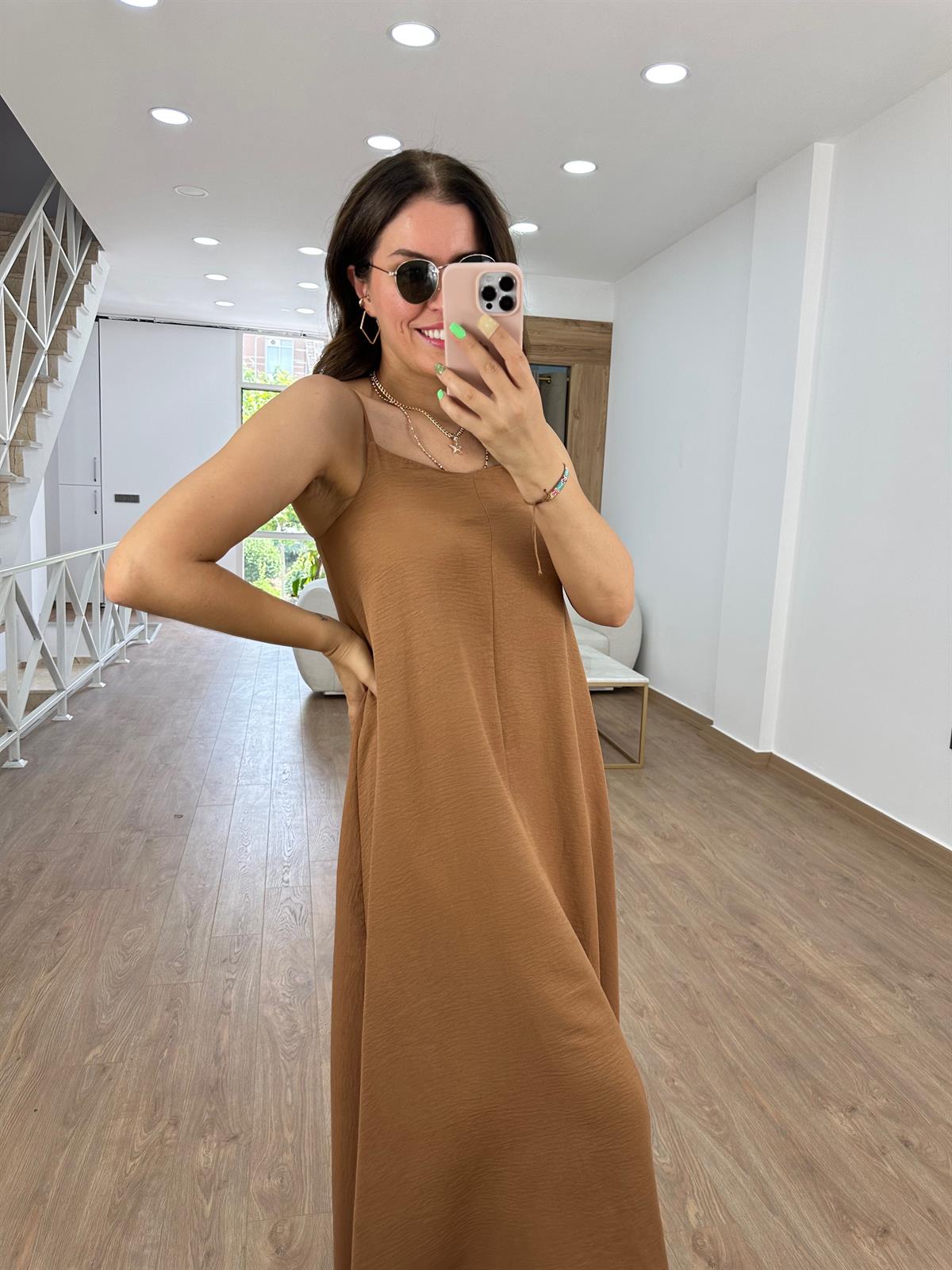 Askıları Ayarlanabilir Tnsel Viskon Elbise-Kahve