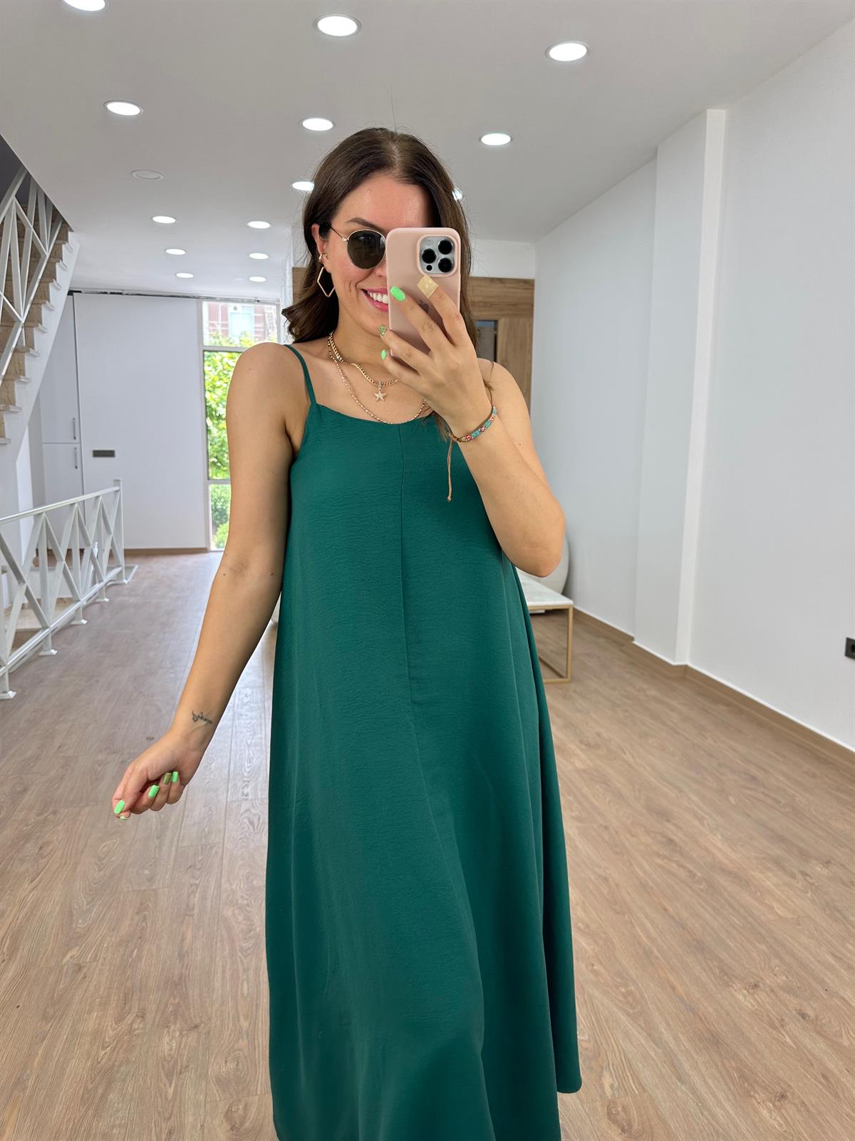 Askıları Ayarlanabilir Tnsel Viskon Elbise-Zümrüt Yeşili
