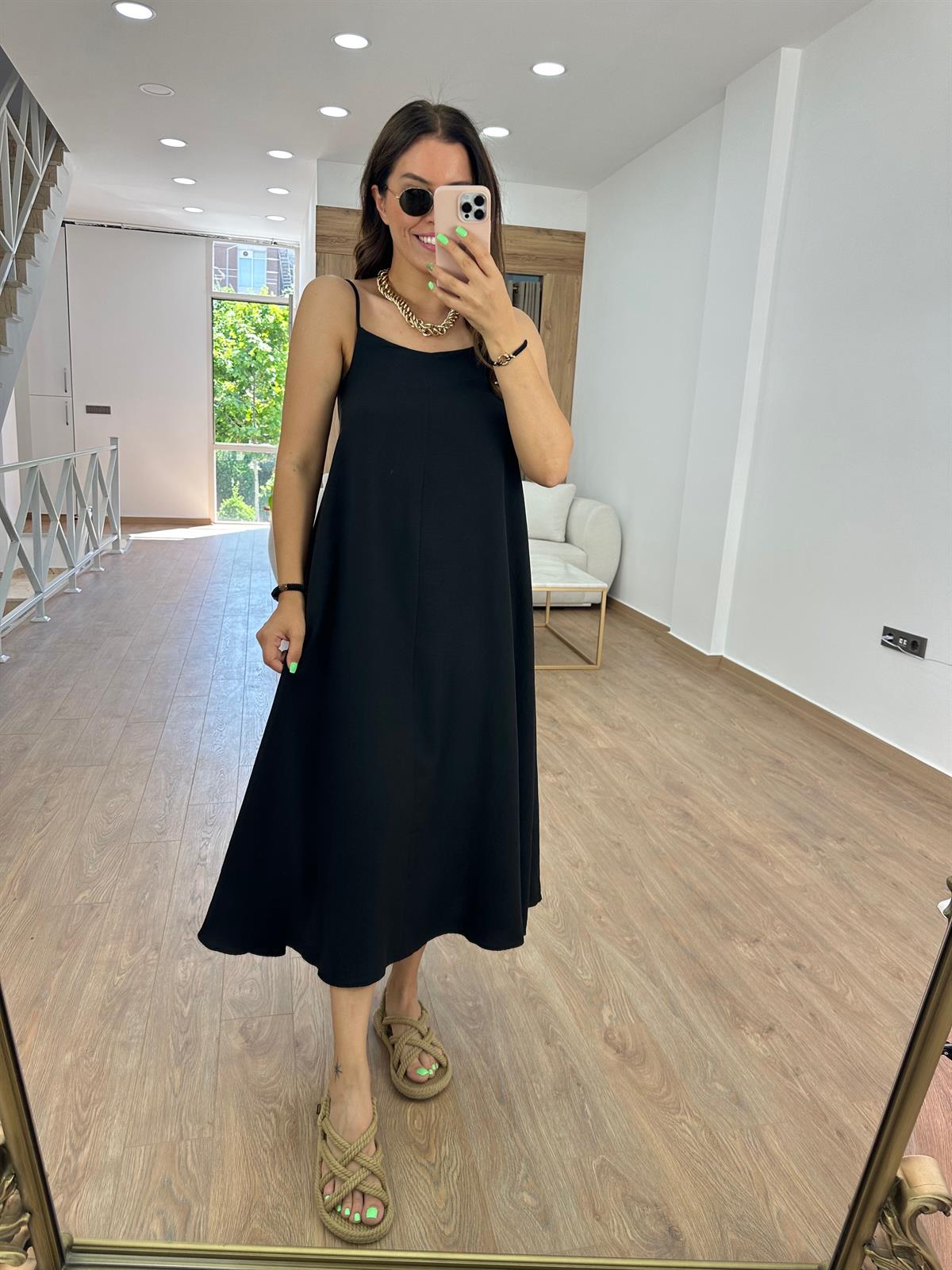 Askıları Ayarlanabilir Tnsel Viskon Elbise-Siyah