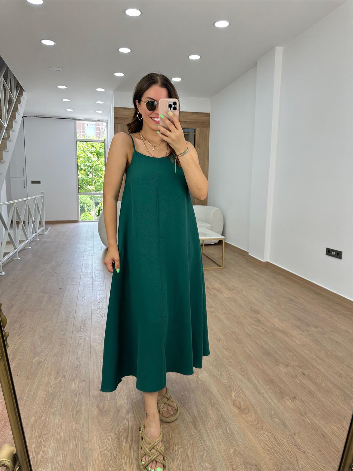 Askıları Ayarlanabilir Tnsel Viskon Elbise-Zümrüt Yeşili