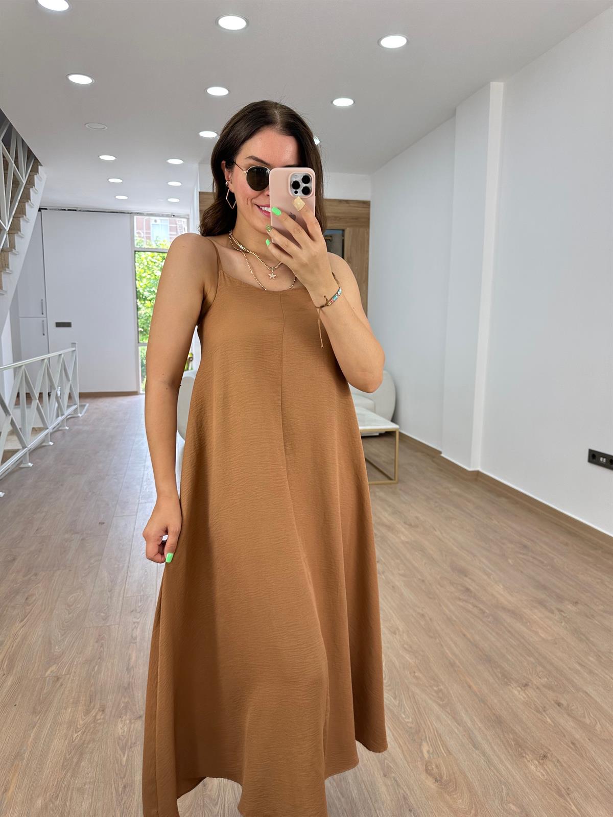 Askıları Ayarlanabilir Tnsel Viskon Elbise-Kahve