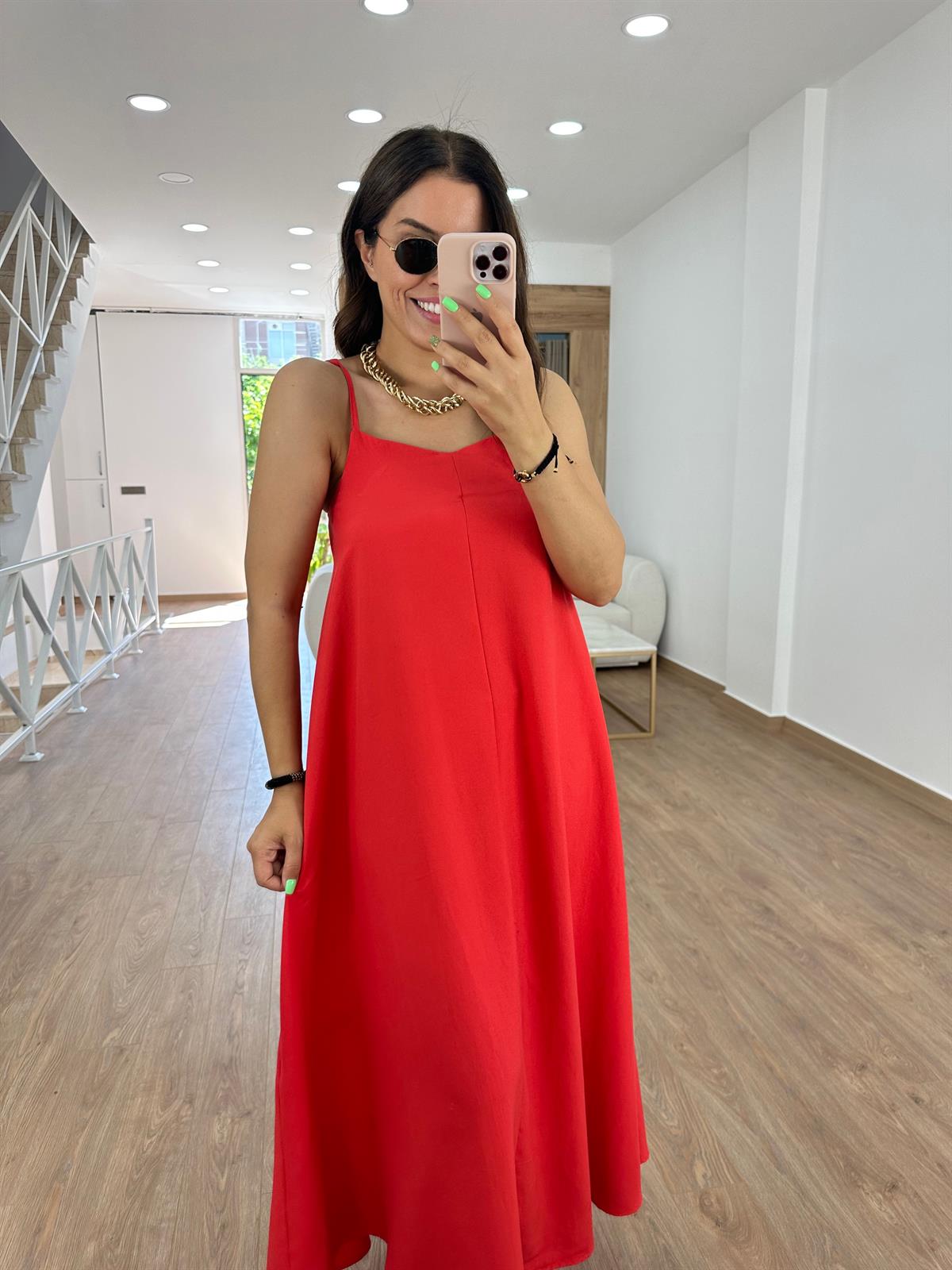 Askıları Ayarlanabilir Tnsel Viskon Elbise-Nar Çiçeği