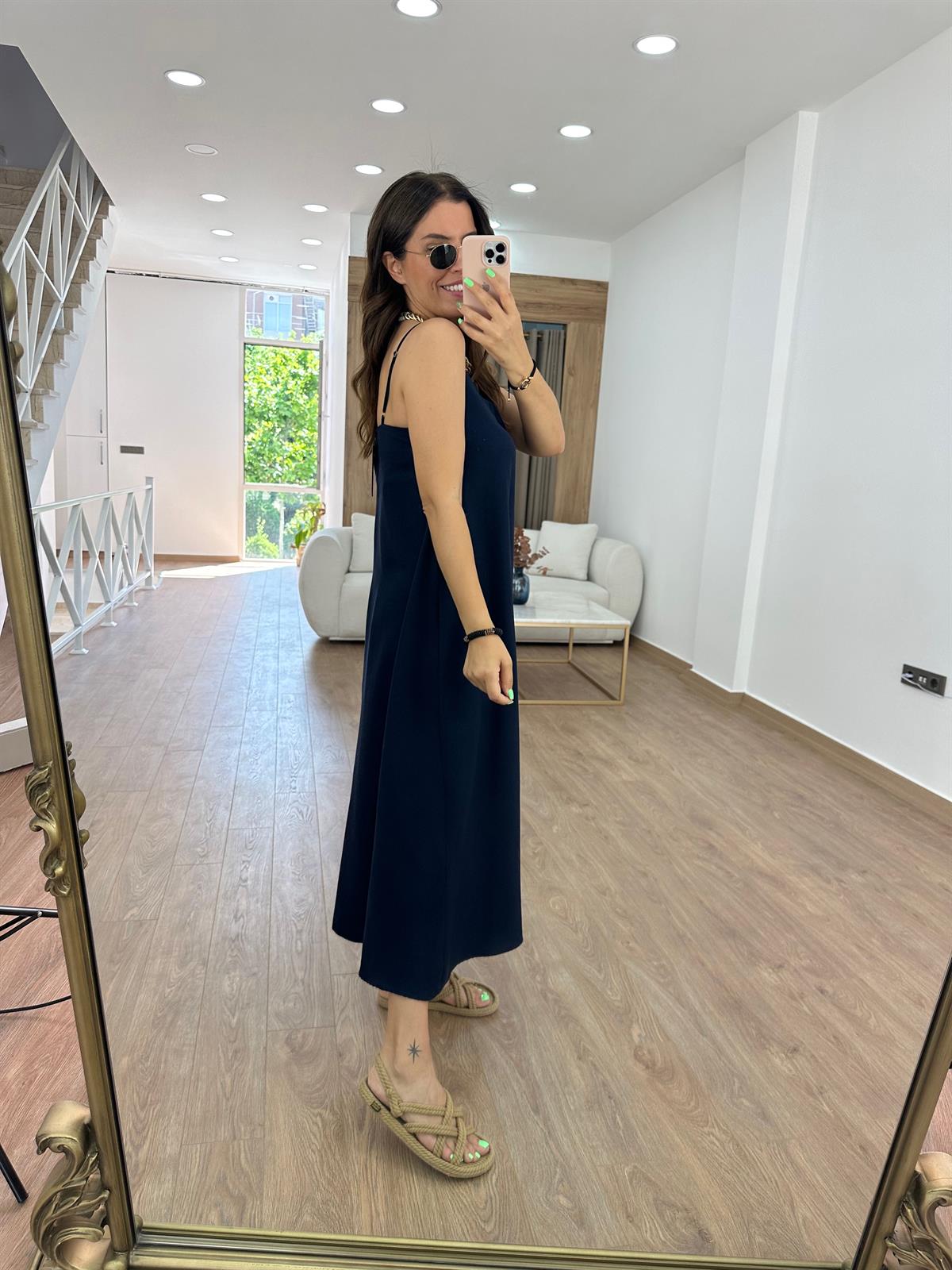 Askıları Ayarlanabilir Tnsel Viskon Elbise-Lacivert