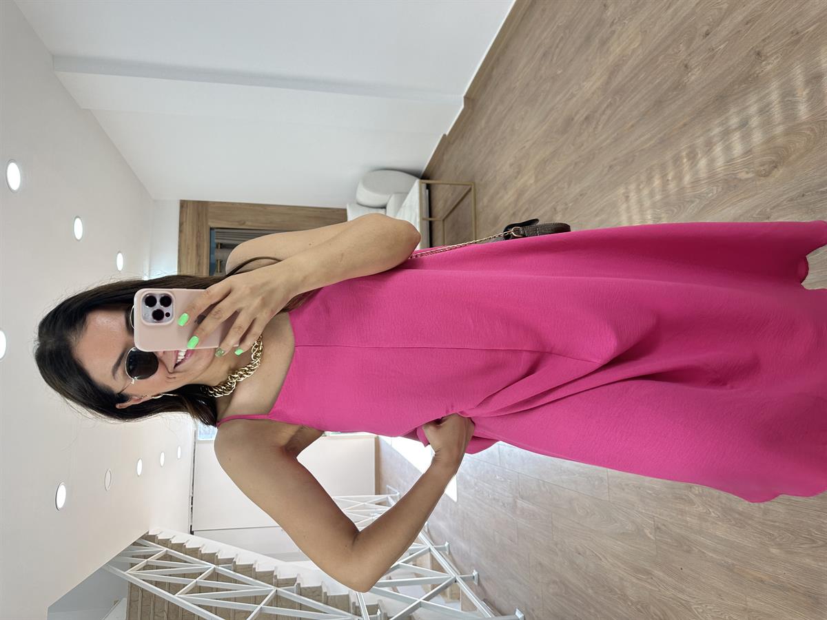 Askıları Ayarlanabilir Tnsel Viskon Elbise-Fuşya