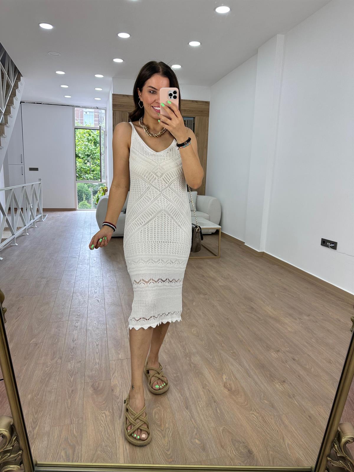 Askılı Ajurlu Elbise-Ekru