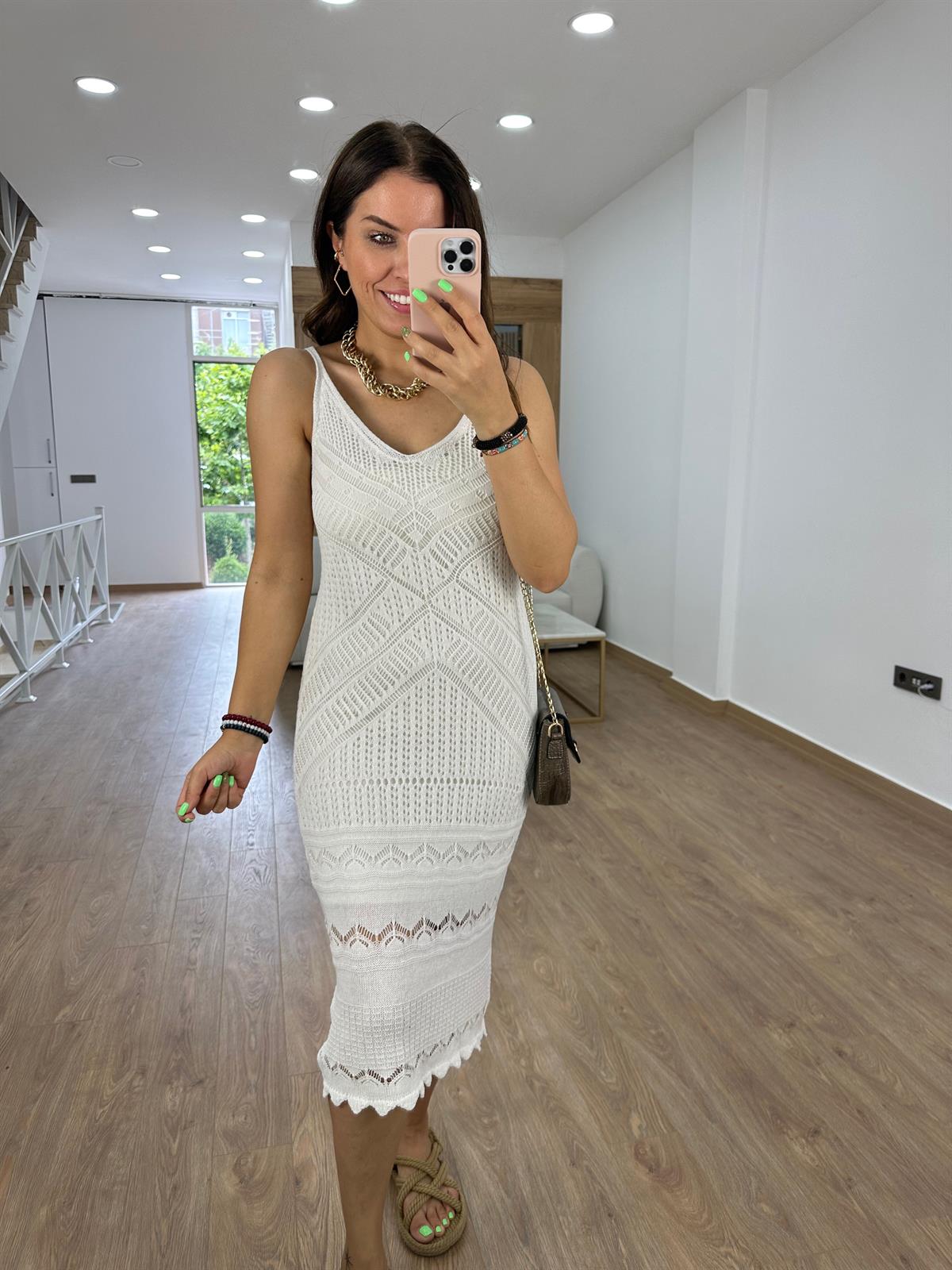 Askılı Ajurlu Elbise-Ekru