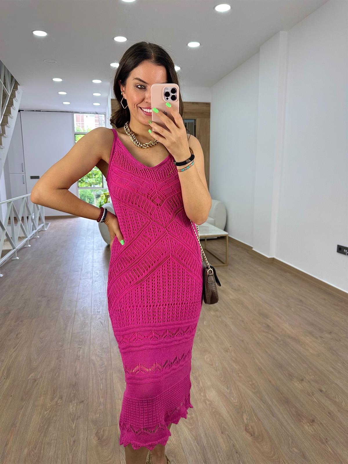 Askılı Ajurlu Elbise-Fuşya