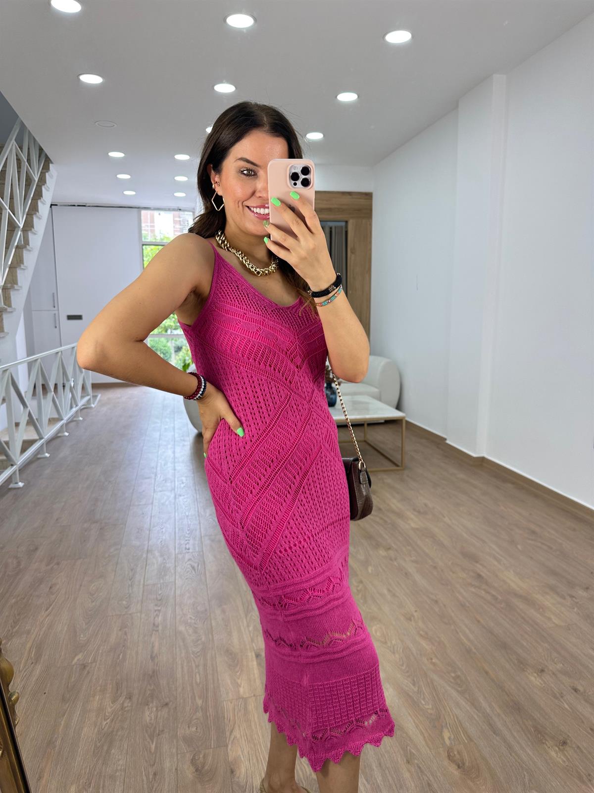 Askılı Ajurlu Elbise-Fuşya