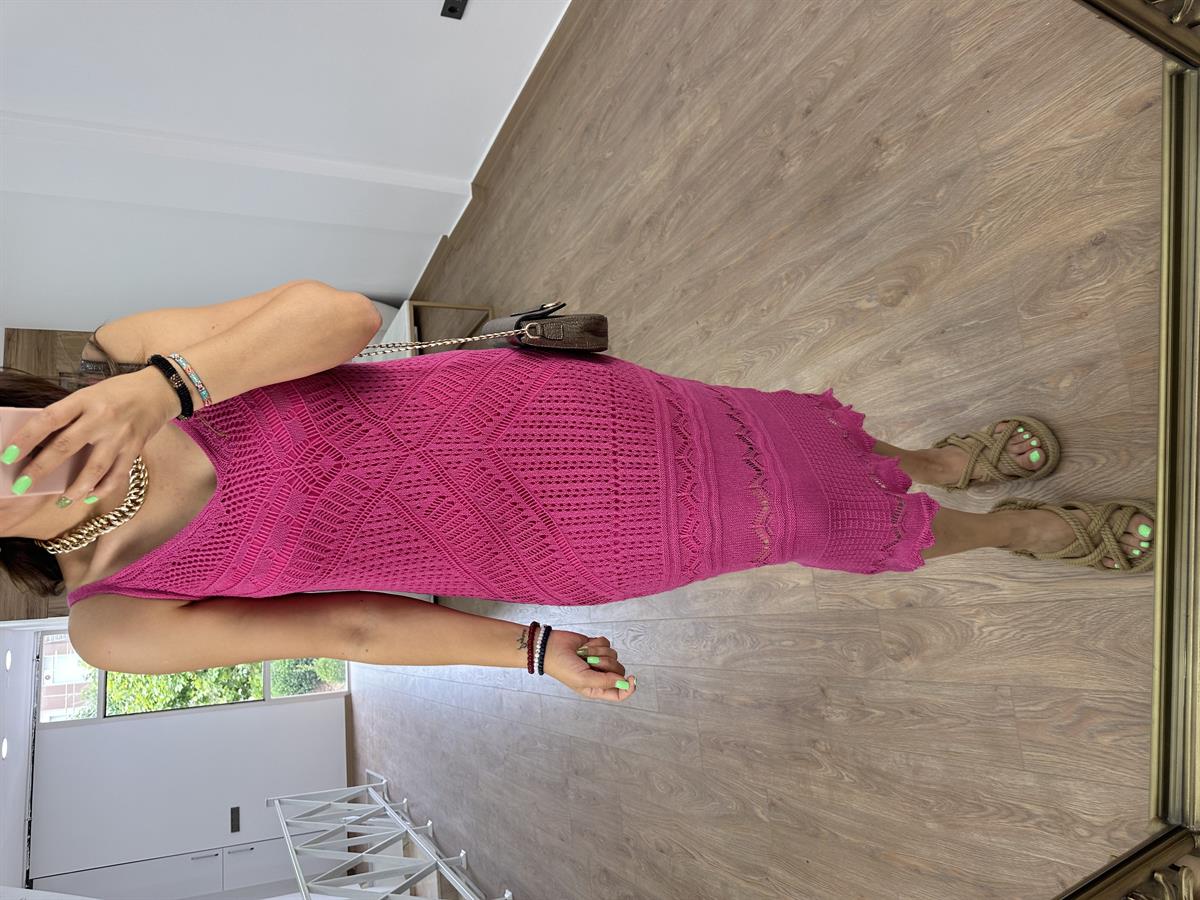 Askılı Ajurlu Elbise-Fuşya