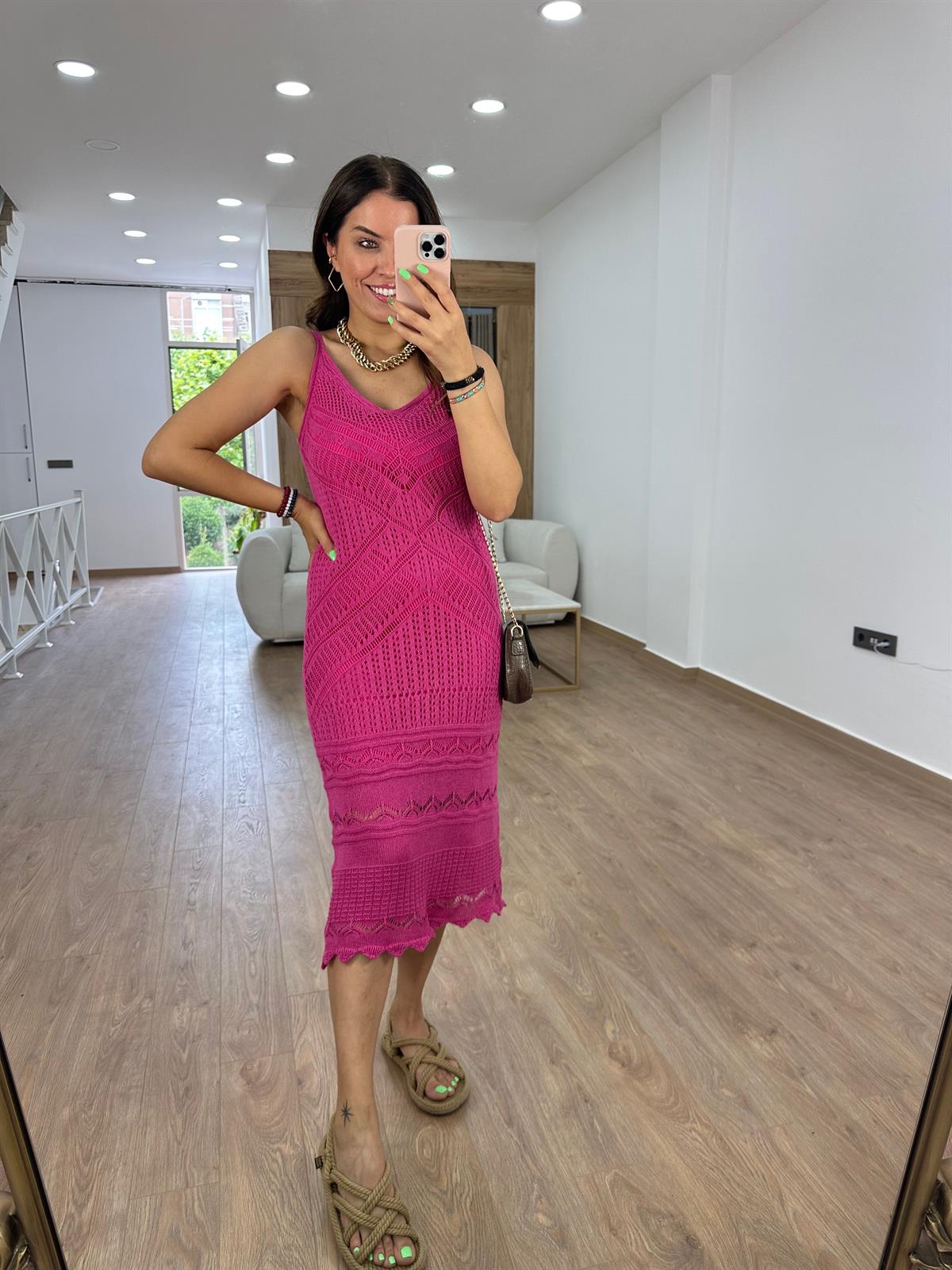 Askılı Ajurlu Elbise-Fuşya