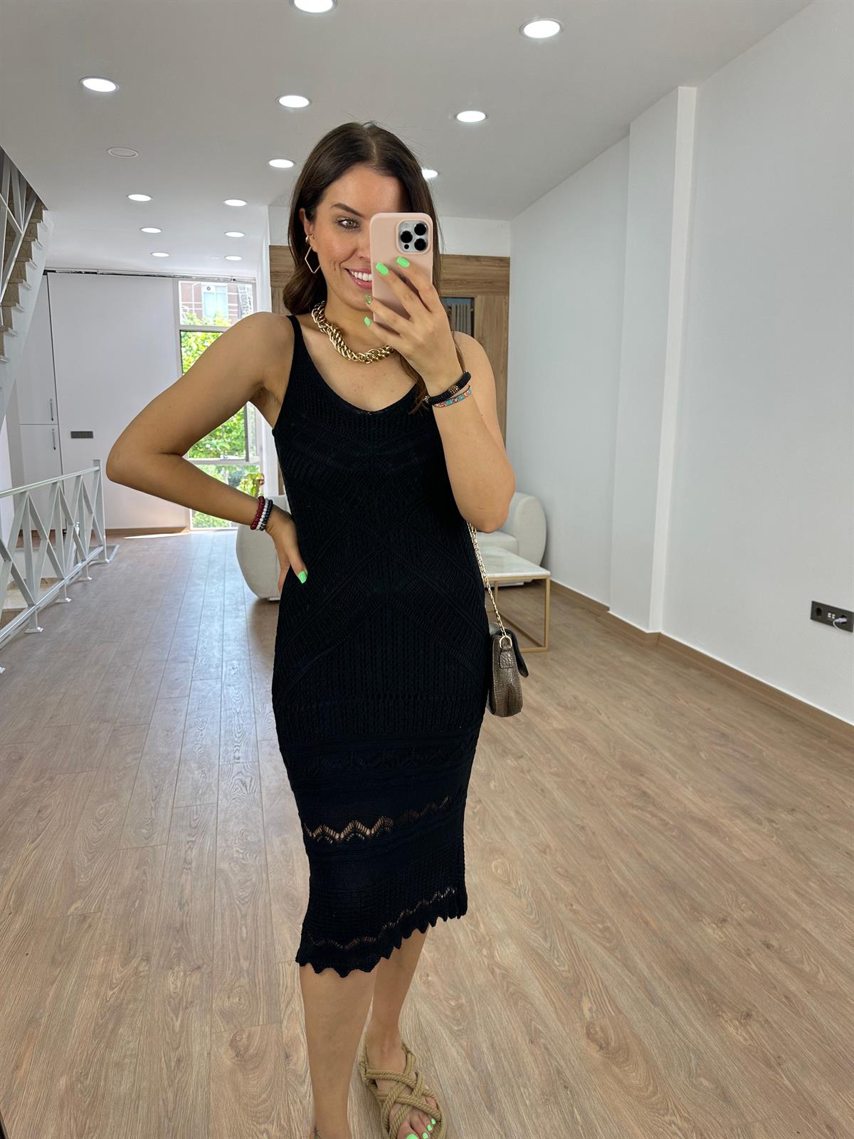 Askılı Ajurlu Elbise-Siyah