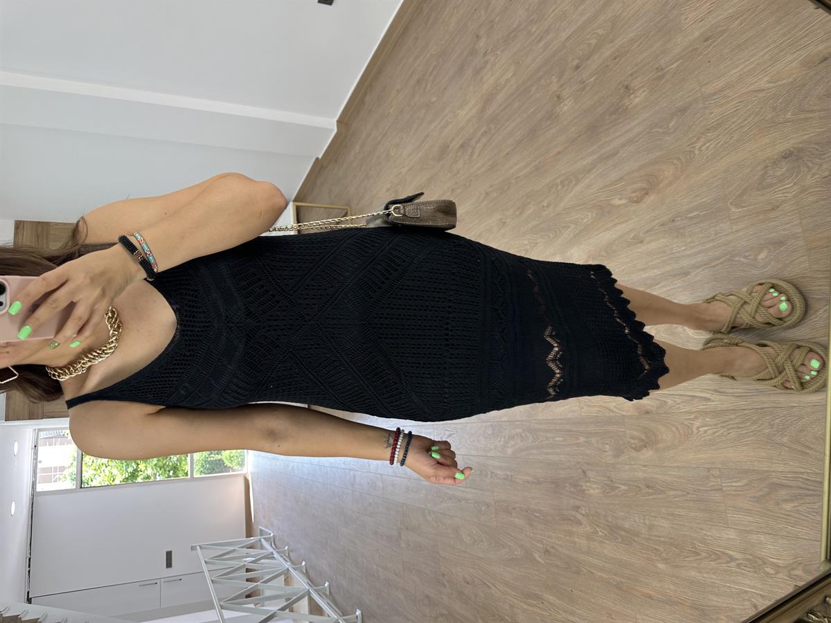 Askılı Ajurlu Elbise-Siyah