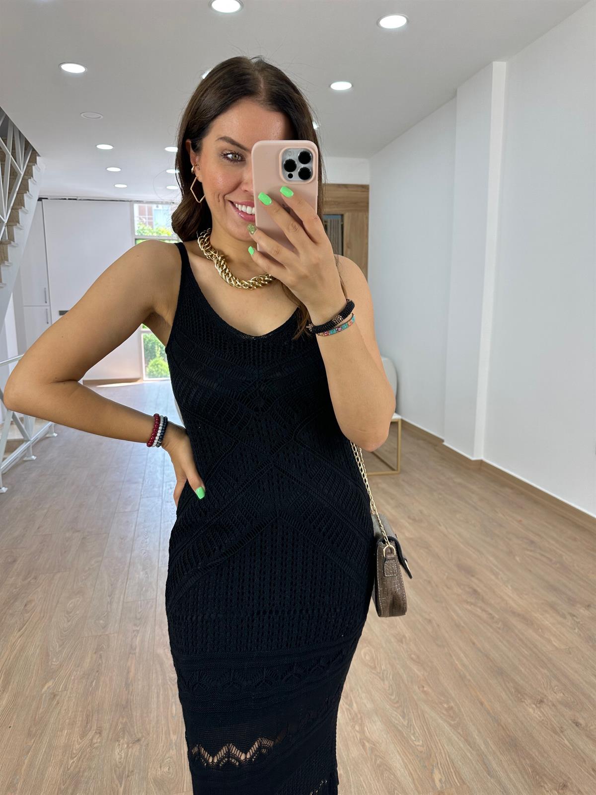 Askılı Ajurlu Elbise-Siyah