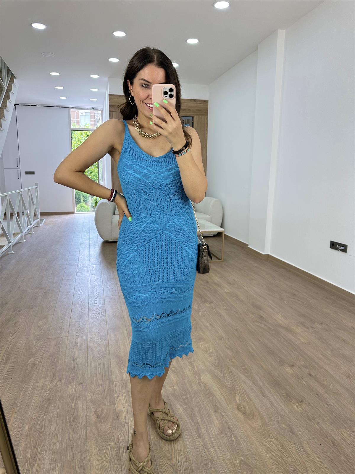 Askılı Ajurlu Elbise-Turkuaz