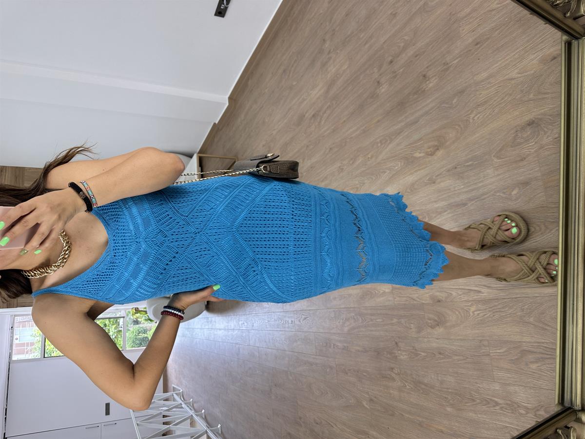 Askılı Ajurlu Elbise-Turkuaz