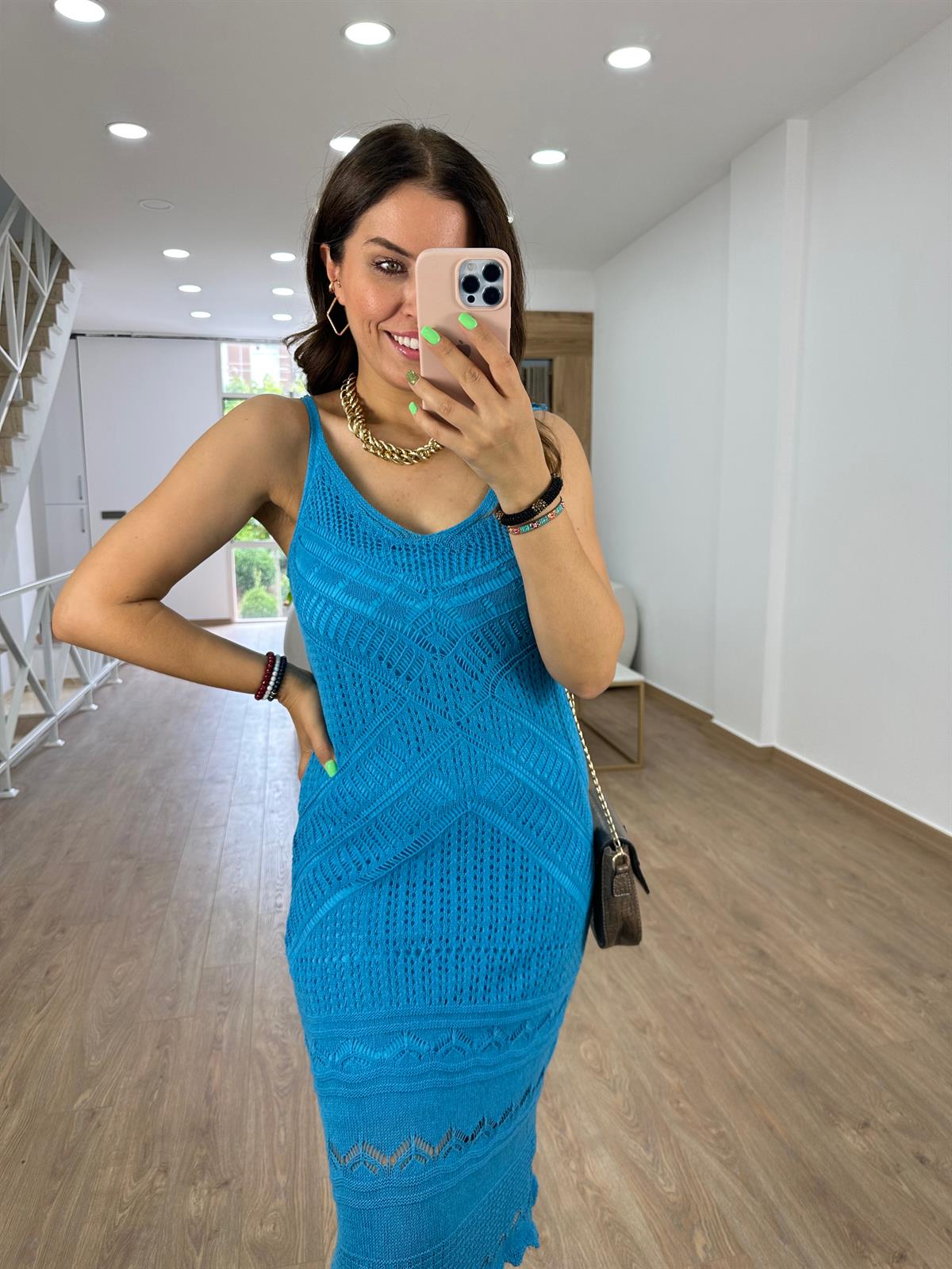 Askılı Ajurlu Elbise-Turkuaz