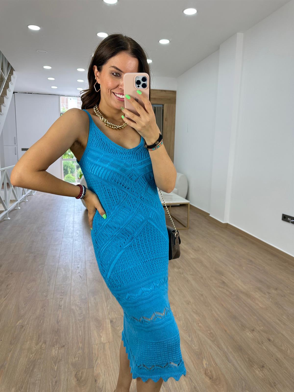 Askılı Ajurlu Elbise-Turkuaz