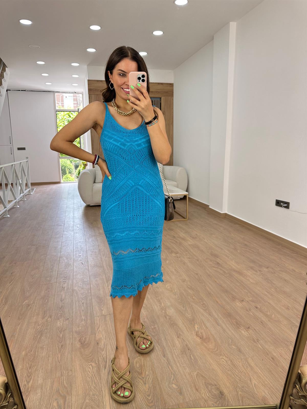 Askılı Ajurlu Elbise-Turkuaz