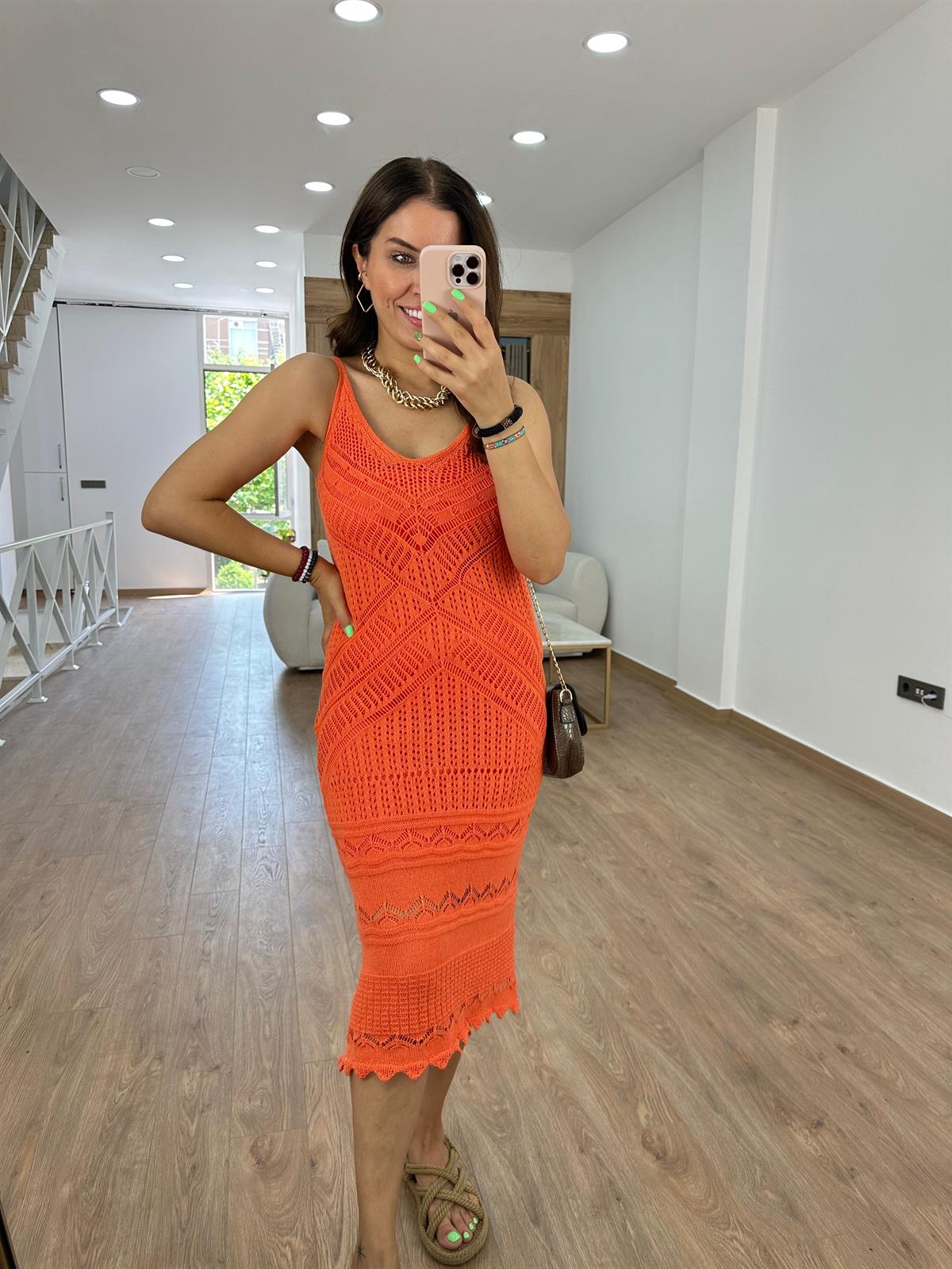 Askılı Ajurlu Elbise-Turuncu