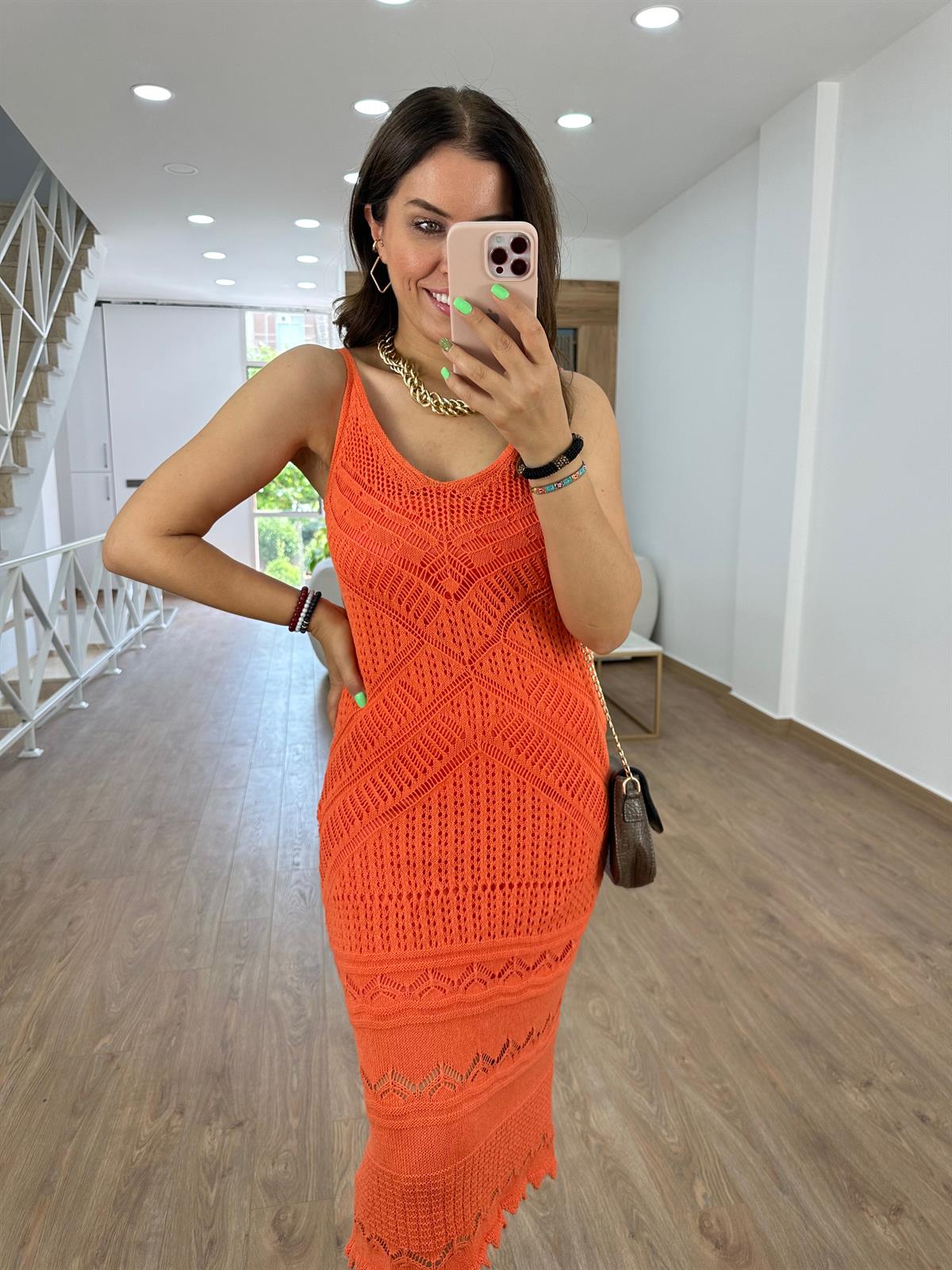 Askılı Ajurlu Elbise-Turuncu