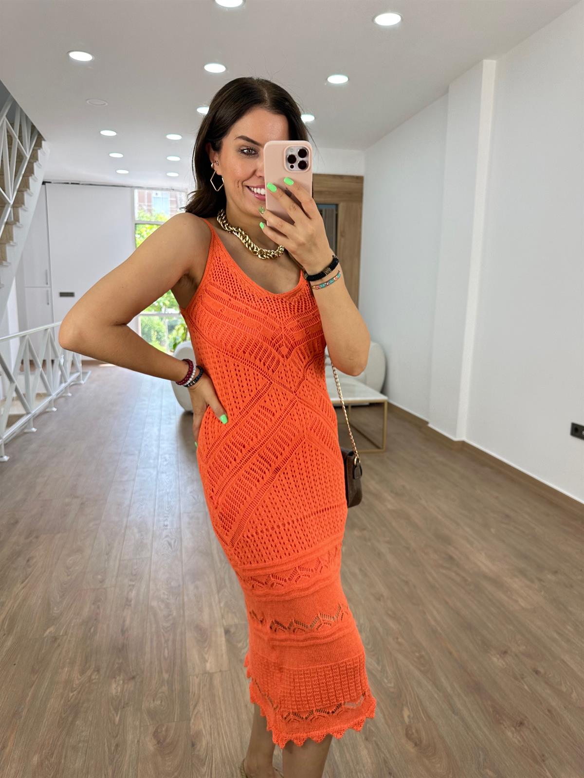 Askılı Ajurlu Elbise-Turuncu