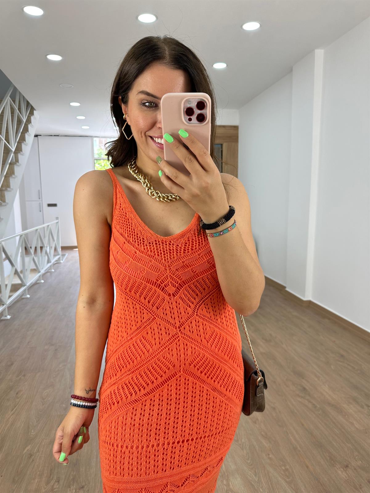 Askılı Ajurlu Elbise-Turuncu