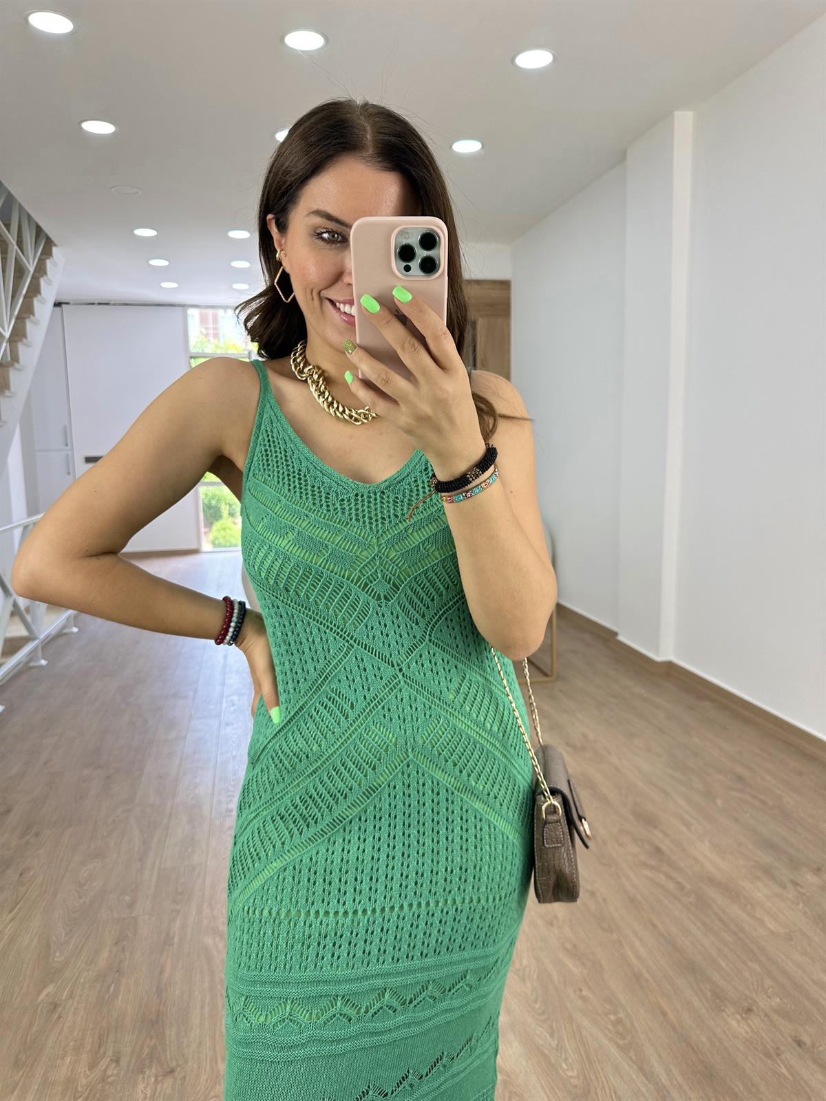 Askılı Ajurlu Elbise-Yeşil