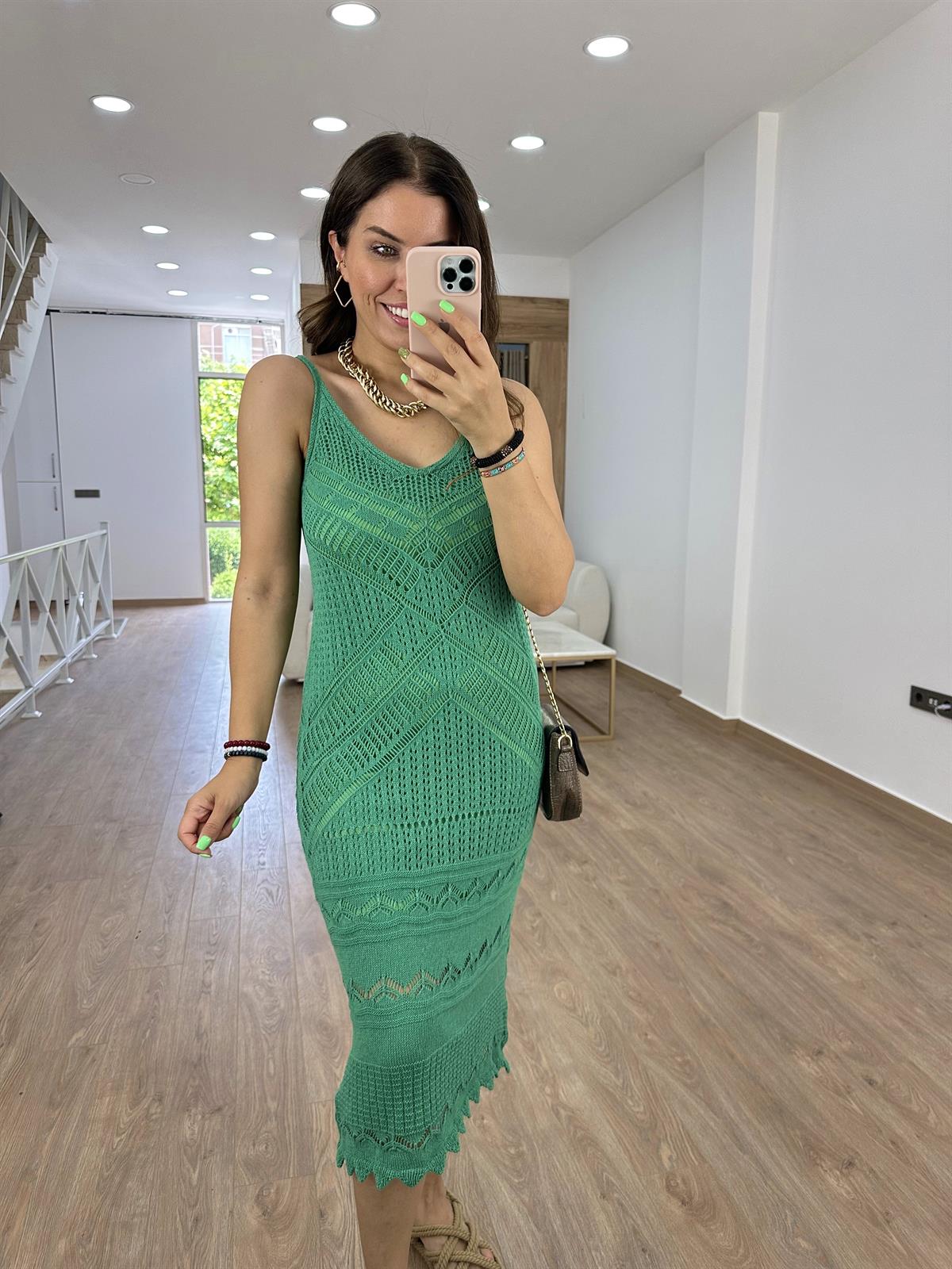 Askılı Ajurlu Elbise-Yeşil