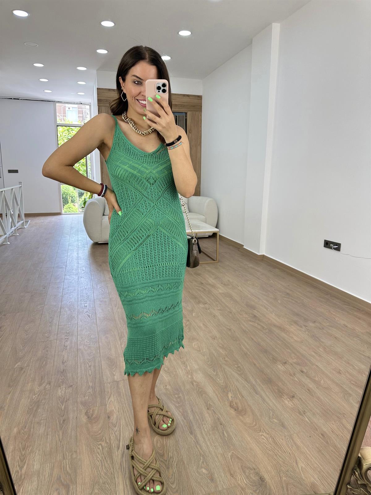 Askılı Ajurlu Elbise-Yeşil