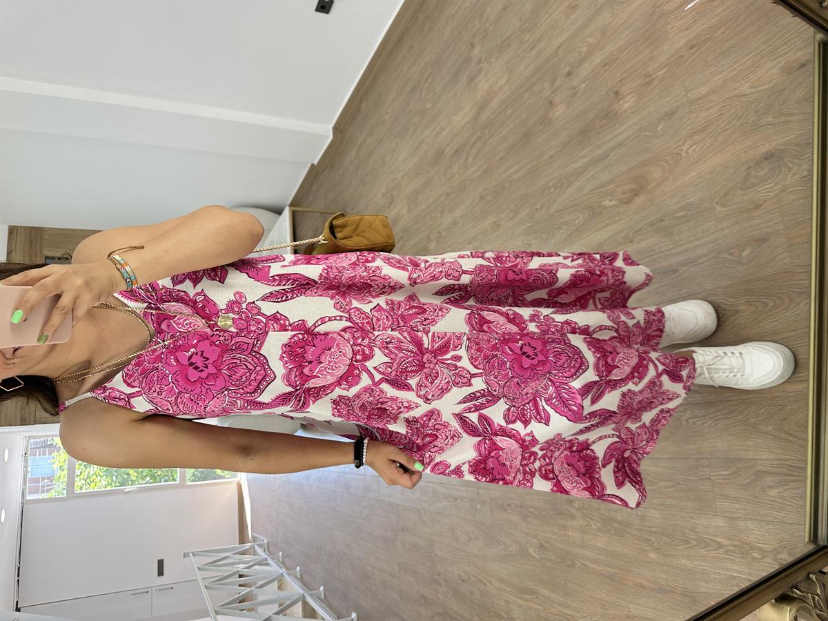 Askılı Keten Çiçekli Elbise-Fuşya