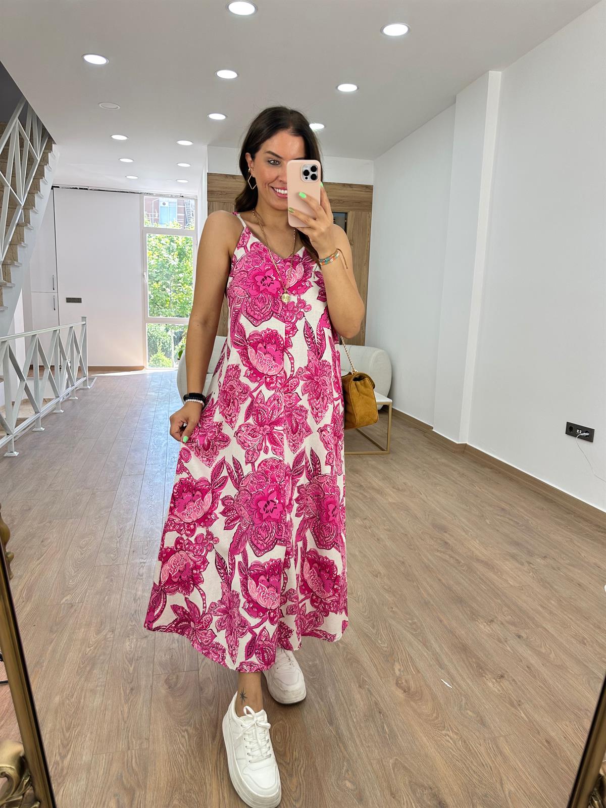 Askılı Keten Çiçekli Elbise-Fuşya