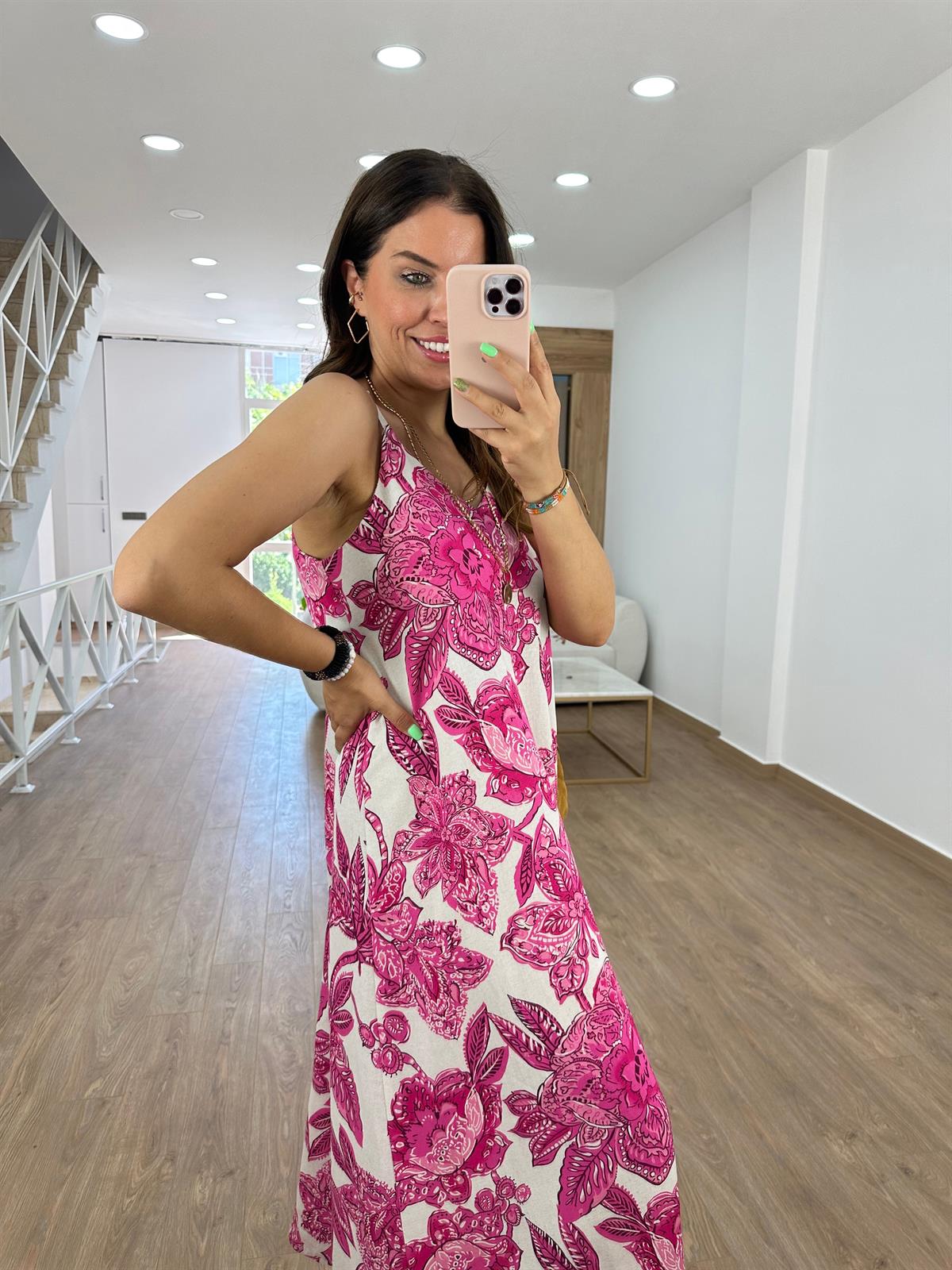 Askılı Keten Çiçekli Elbise-Fuşya